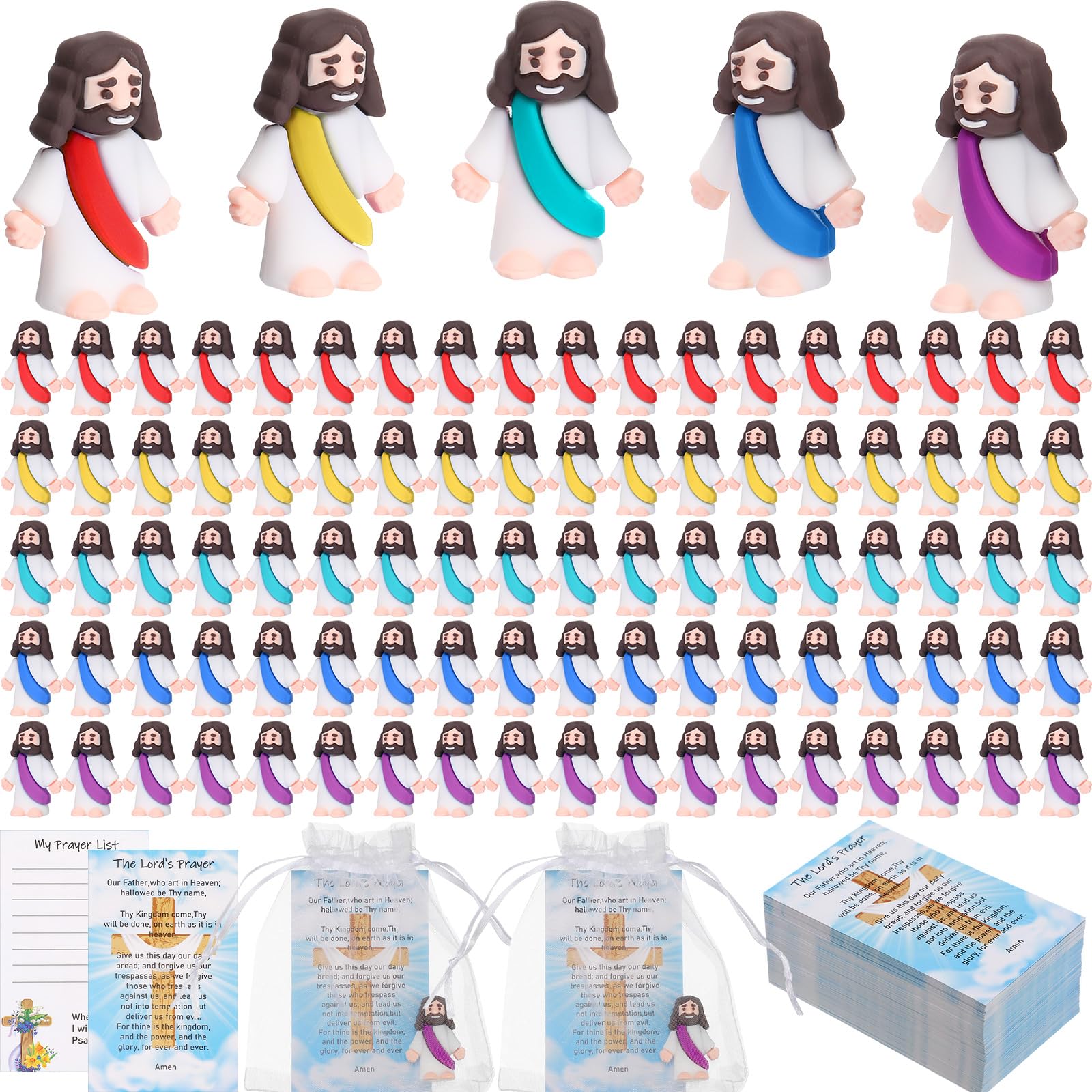 Barydat 150 Set Mini Jesus Toys Easter Jesus Figures Bulk Include 150 Jesus Figurine 150 Prayer Cards 150 Organza Bags Mini Religious Gifts for Sunday School Christian Church Easter Party(Multicolor)