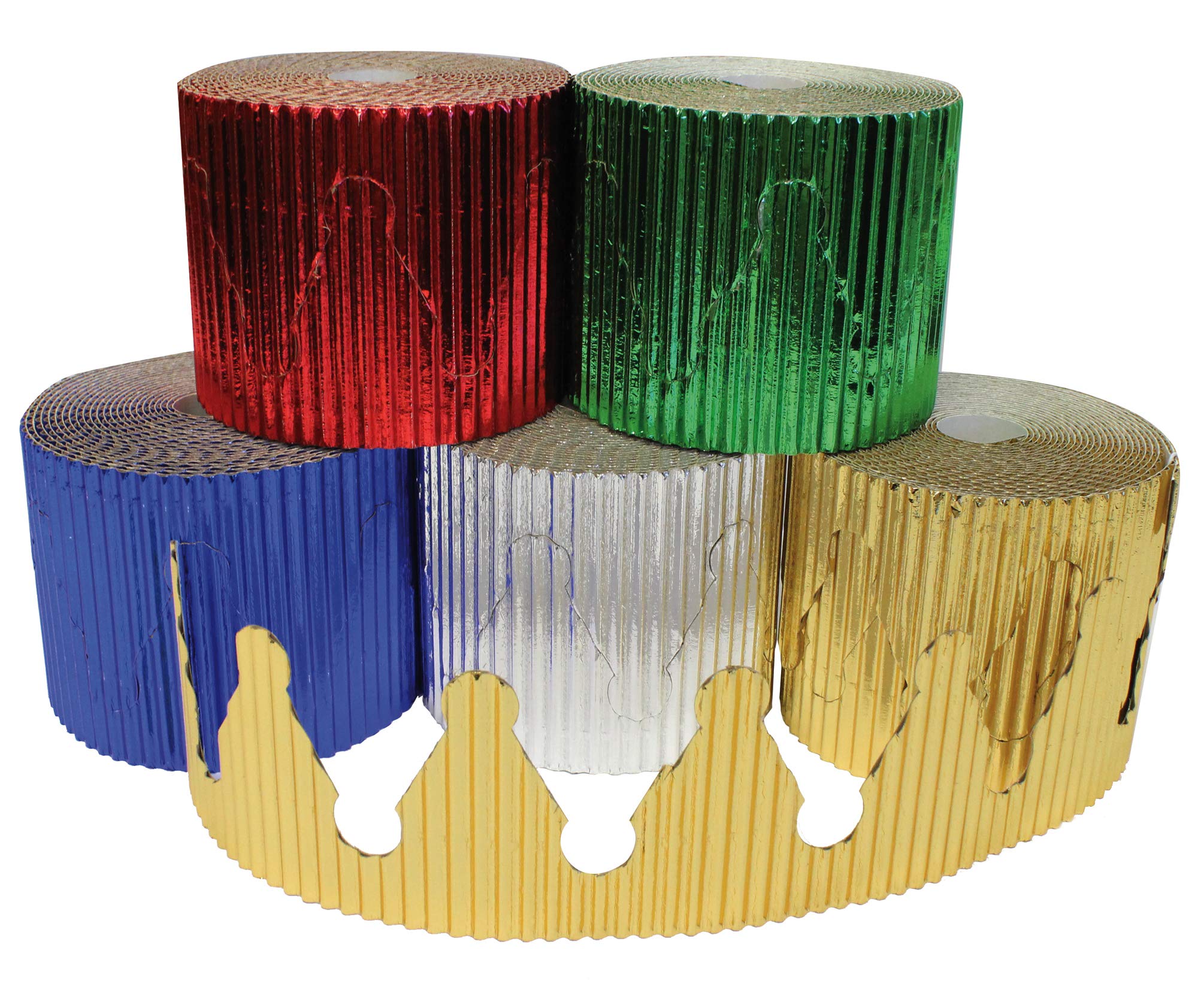 BRIGHT ideas Metallic Corrugated Border Rolls for School Displays 5 Pack, Assorted, 10cm x 5m,BI7865