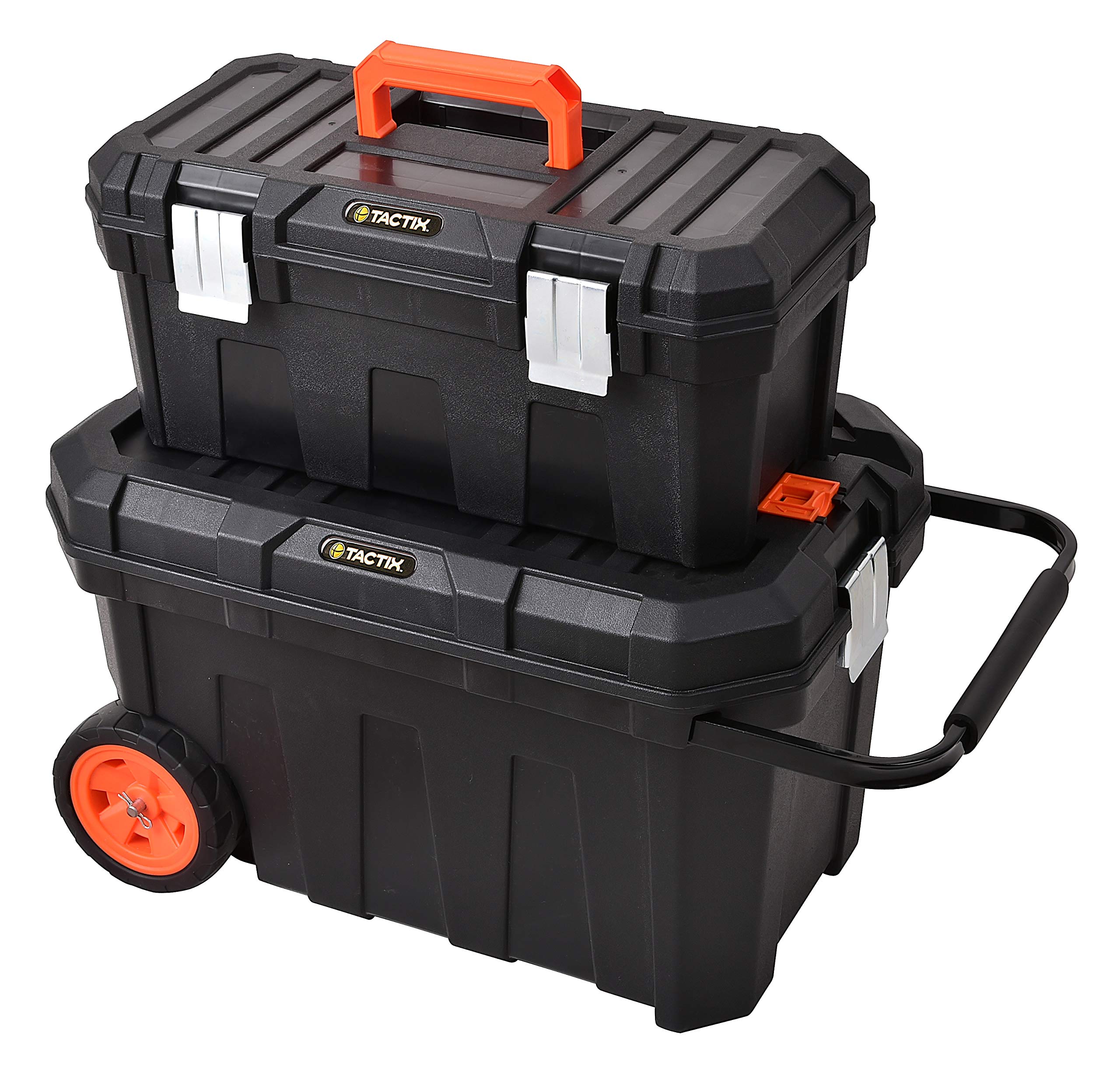 Tactix 24 Inches Portable Tool Box with Wheels - Stackable 2-in-1 Tool Chest, Carried Out Tray In Top, Pull out steel handle, Heavy duty latches, Black, Dimension: 61W x 37D x 37H cm- 320310