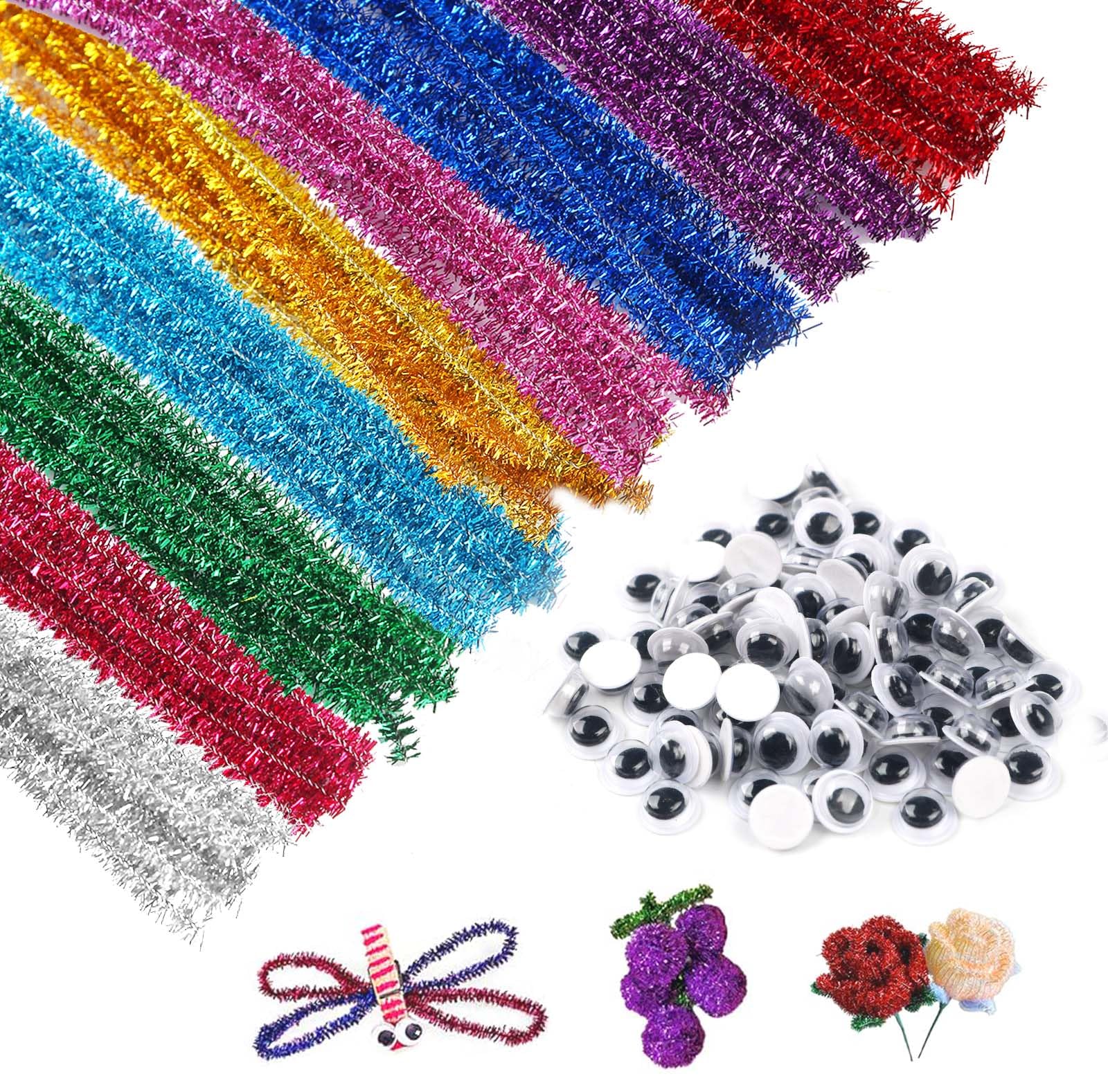 300Pcs Glitter Pipe Cleaners, Flexible Pipecleaners Craft Supplies, Stems Metallic Sparkle Pipe Cleaner, Twisted Glitter Rods Sticks with Wiggle Eyes, Metal Twisting Wire Sticks for DIY Handmade Arts