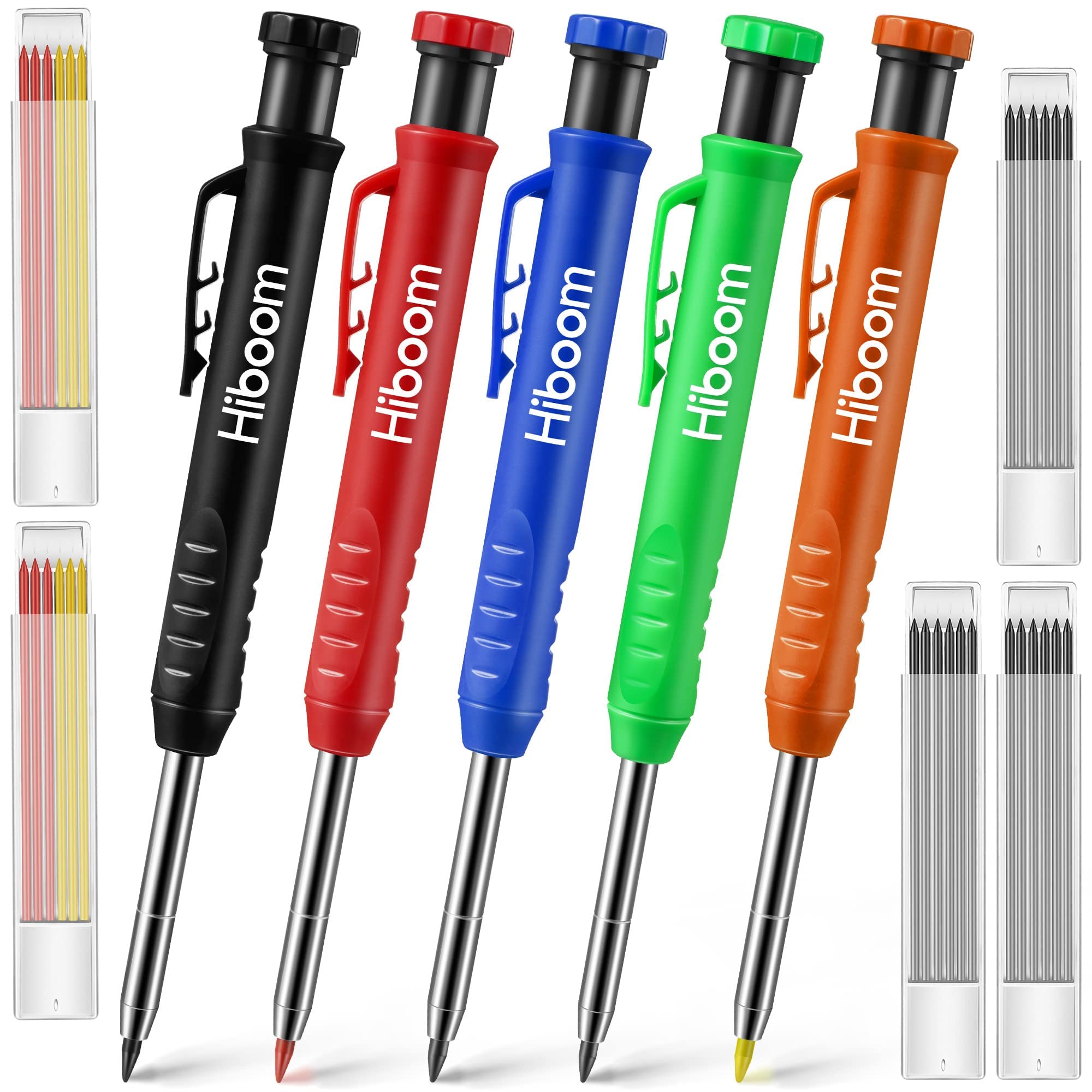 Hiboom5 Pcs Mechanical Carpenter Pencil, 30 Pcs Refills Needle Nose Tip Hole Marker with Built in Sharpener, Scribe Making Tools for Woodworking, Design Patent(Orange, Red, Green, Blue, Black)