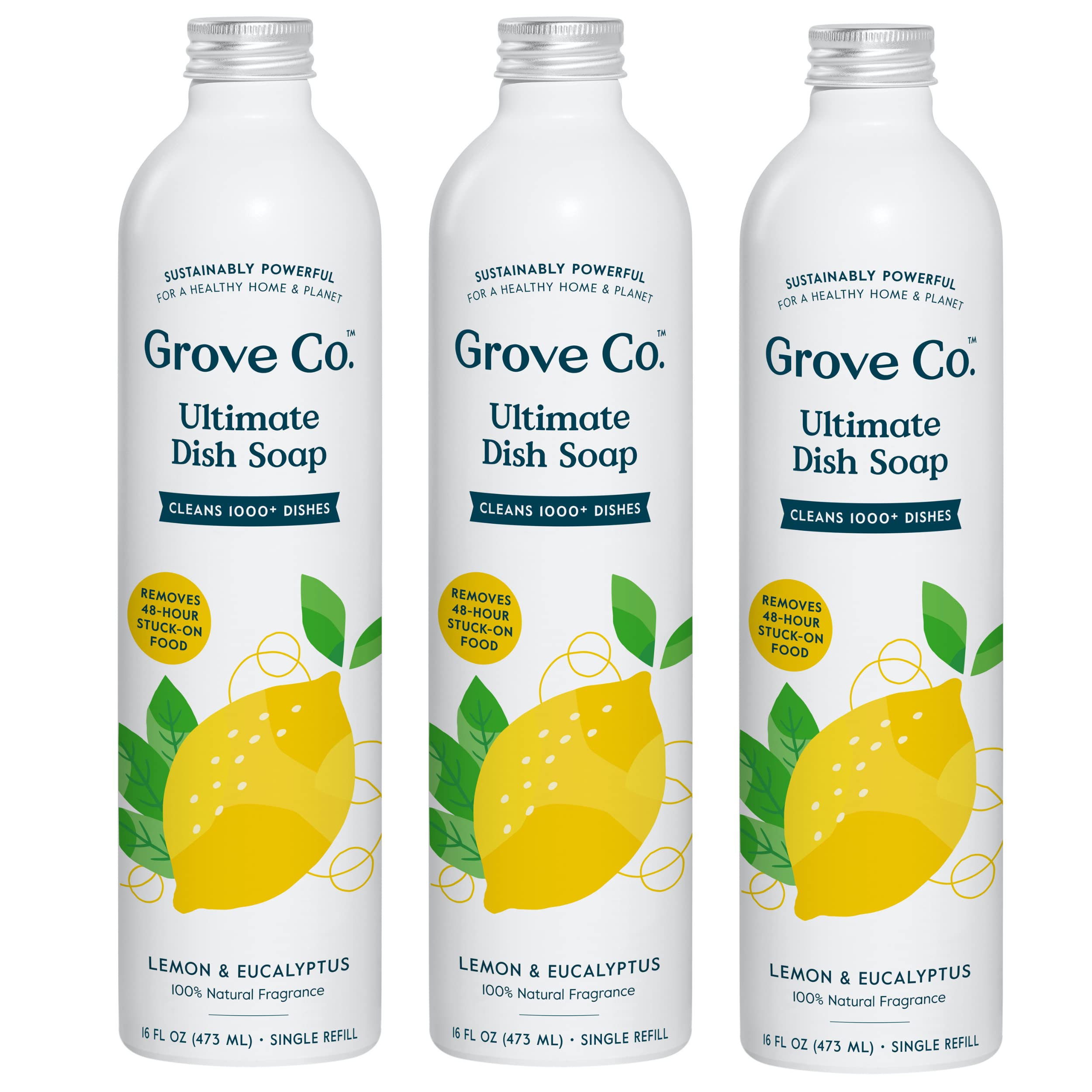 Grove Co. Ultimate Dish Soap Refills (3 x16 Fl Oz) Removes 48-hr Stuck-on Food and Grease, Plastic Free Cleaning Products, 100% Natural Lemon & Eucalyptus Fragrance