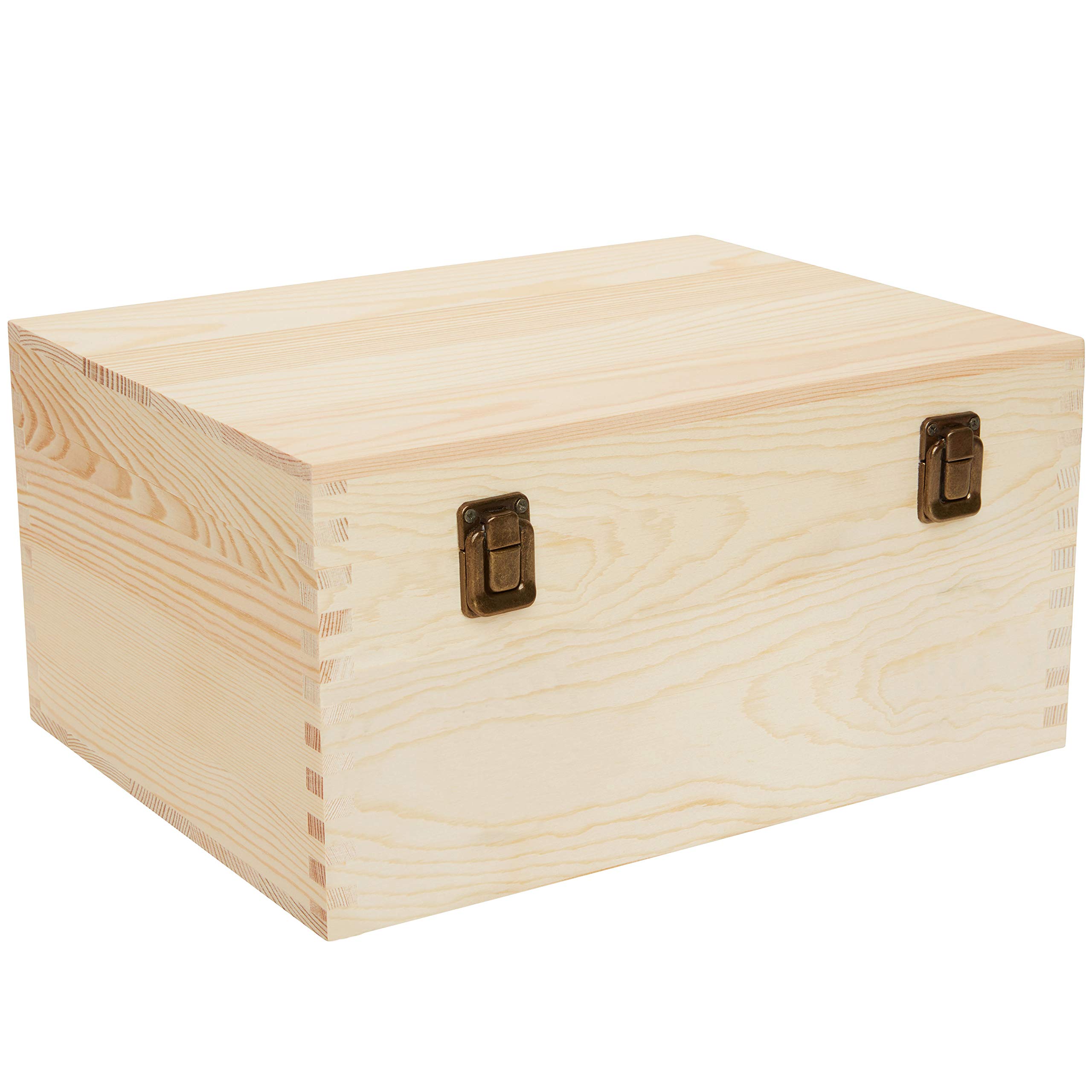 XL Wooden Box with Hinged Lid, Unfinished, 13 x 10 x 6.5 in, Premium Finger Joints, Extra Thick Pine, 2 Clasps - DIY Box for Storage, Arts & Crafts, Hobbies, Sewing, Keepsakes, Jewelry