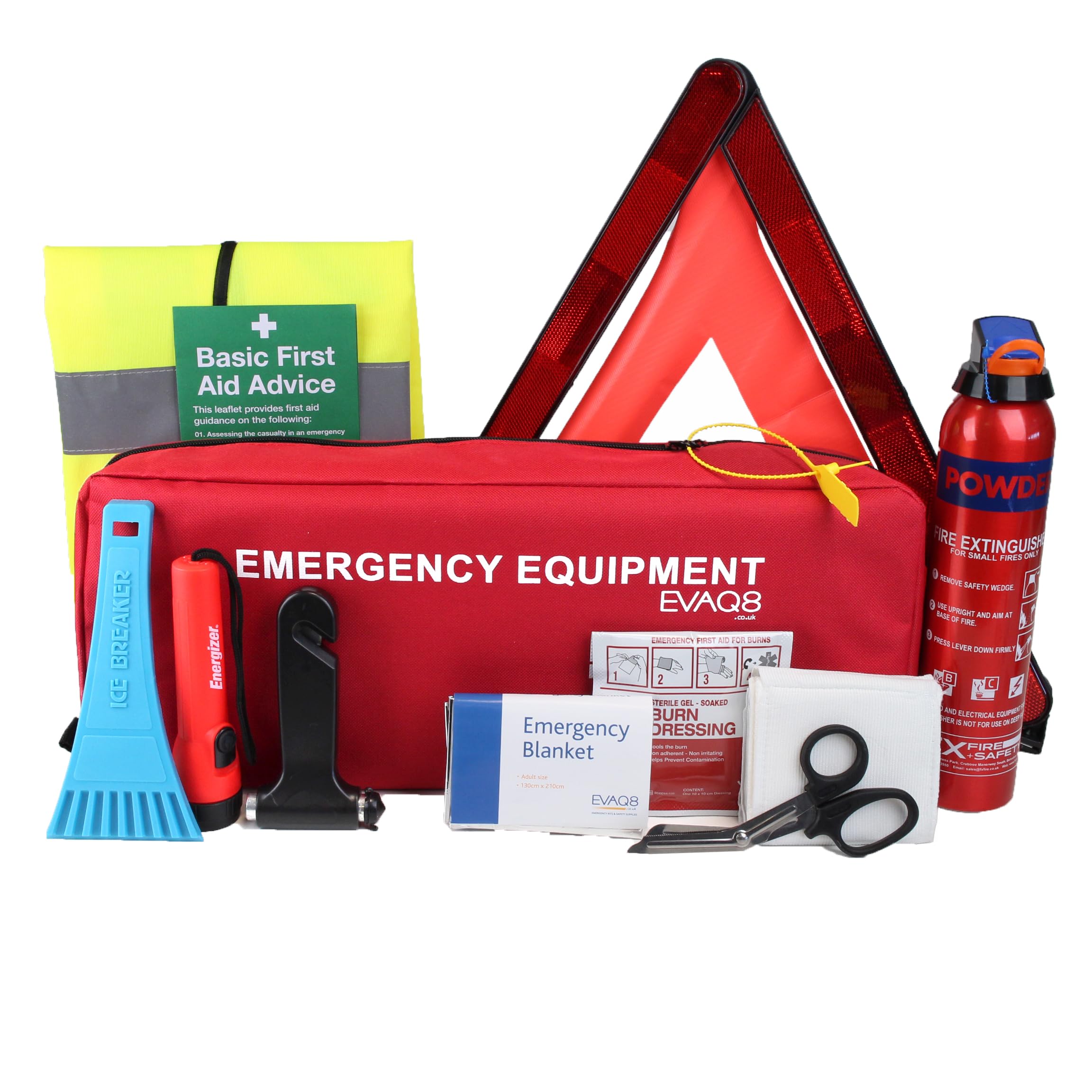 EVAQ8 Advanced Car Safety Kit with BSI First Aid Kit and Extinguisher