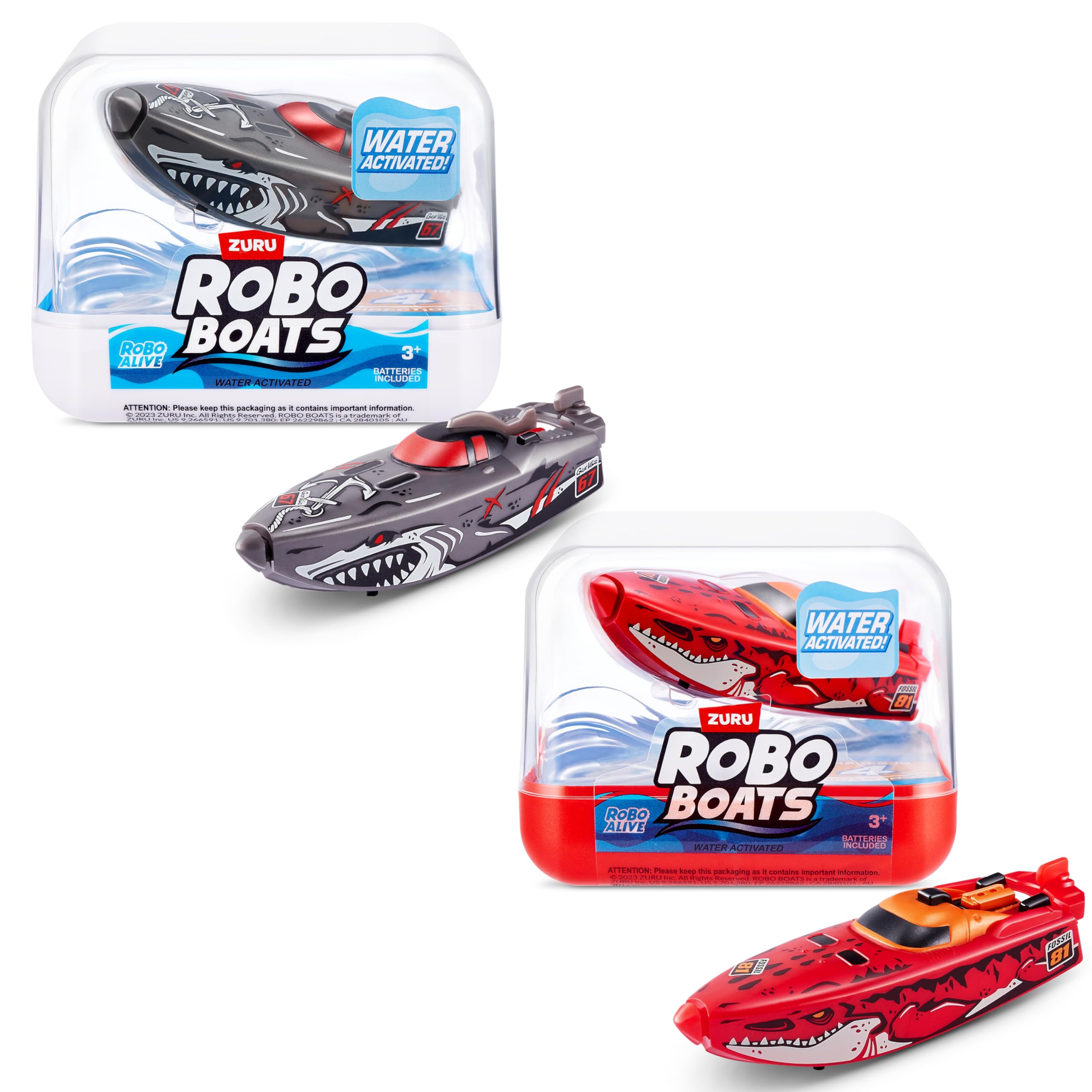 Robo Alive Robo Boats, White Shark & Dino Shark Boat, 2 Pack, by ZURU Water Activated Boat Toy, (Amazon Exclusive)