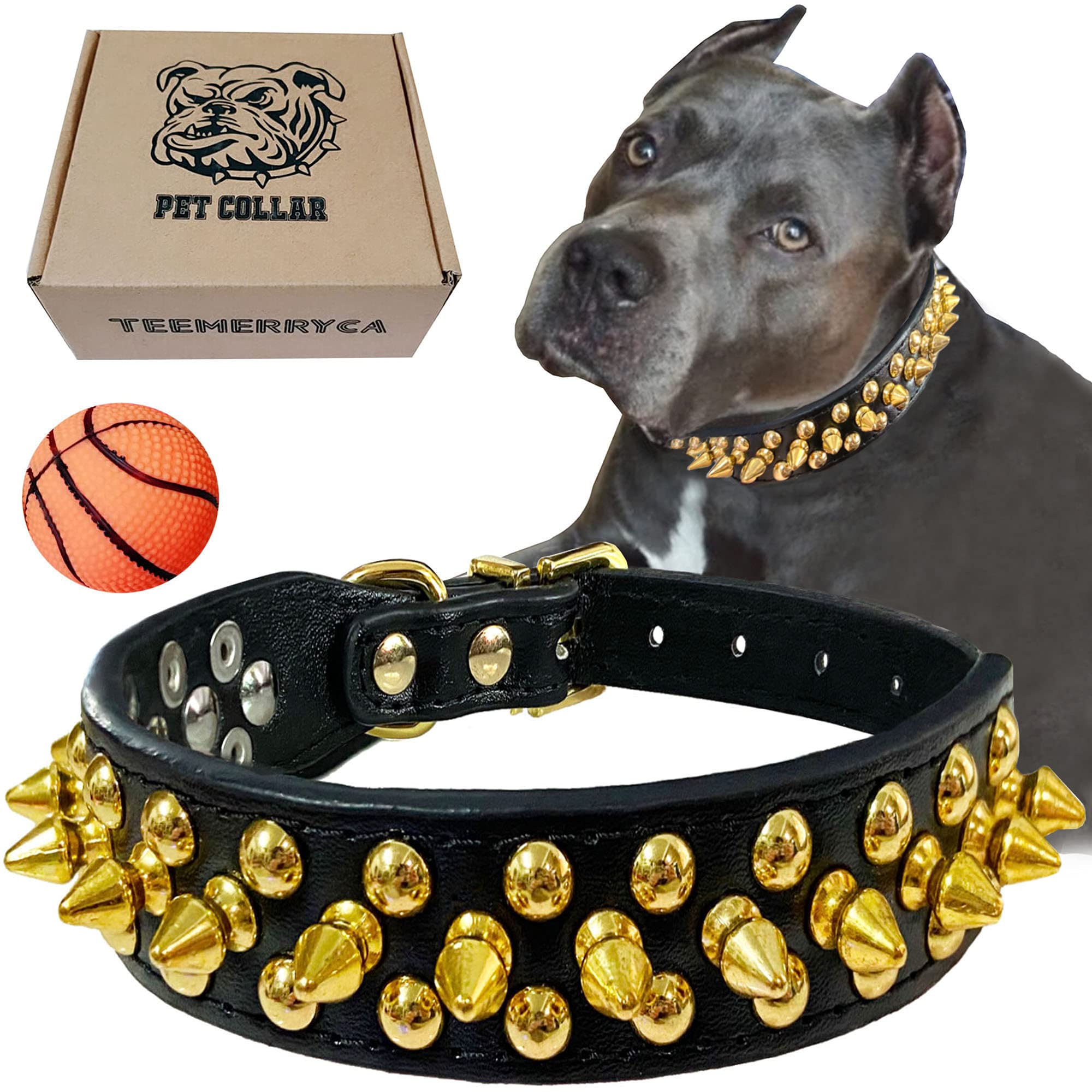 TEEMERRYCA Black Leather Dog Collar with Gold Spikes for Small Medium Large Pets, Pit Bulls/Bulldog, Keep Dog Safe from Grabbing by Huge Dogs, L(15"-18.5")