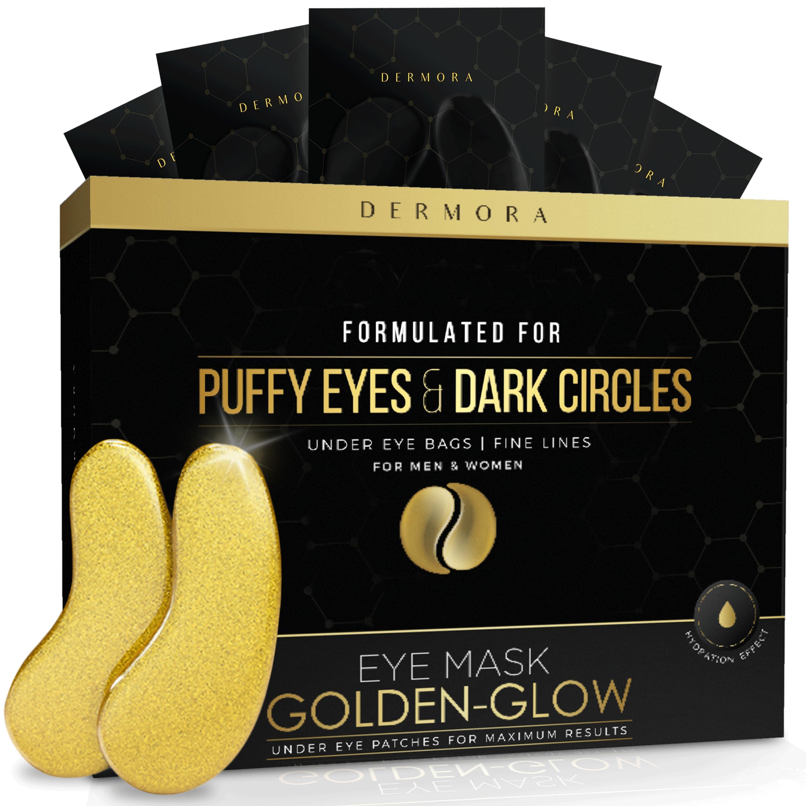 DERMORAGolden Glow Under Eye Patches (20 Pairs Eye Gels) - Rejuvenating Treatment for Dark Circles, Puffy Eyes, Refreshing, Revitalizing, Travel, Wrinkles