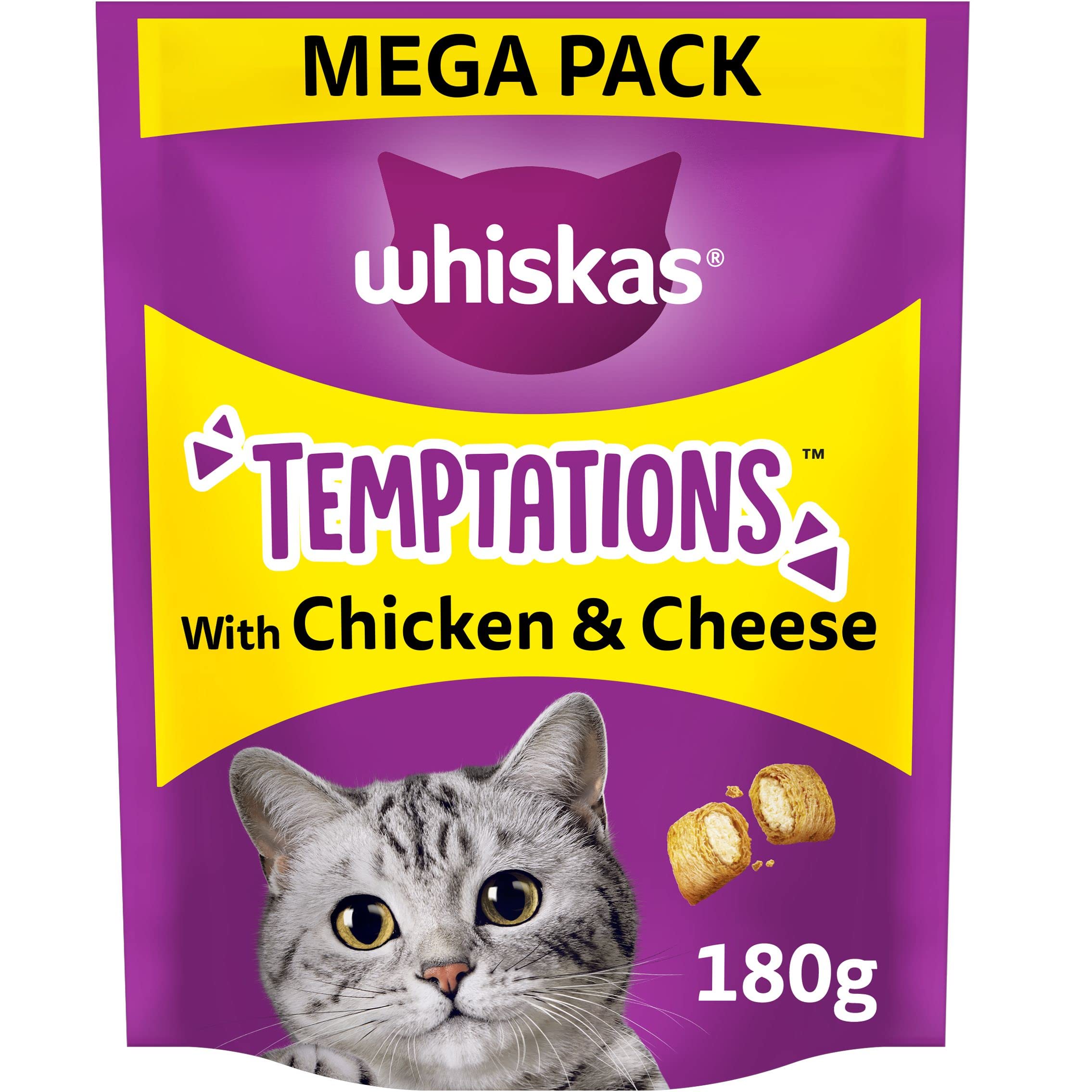 whiskasTemptations - Tasty, Crunchy Treats for Adult Cats, Small Bite Size Snacks with a Delicious Chicken and Cheese Filling, 4 x 180 g Packets - Pack May Vary