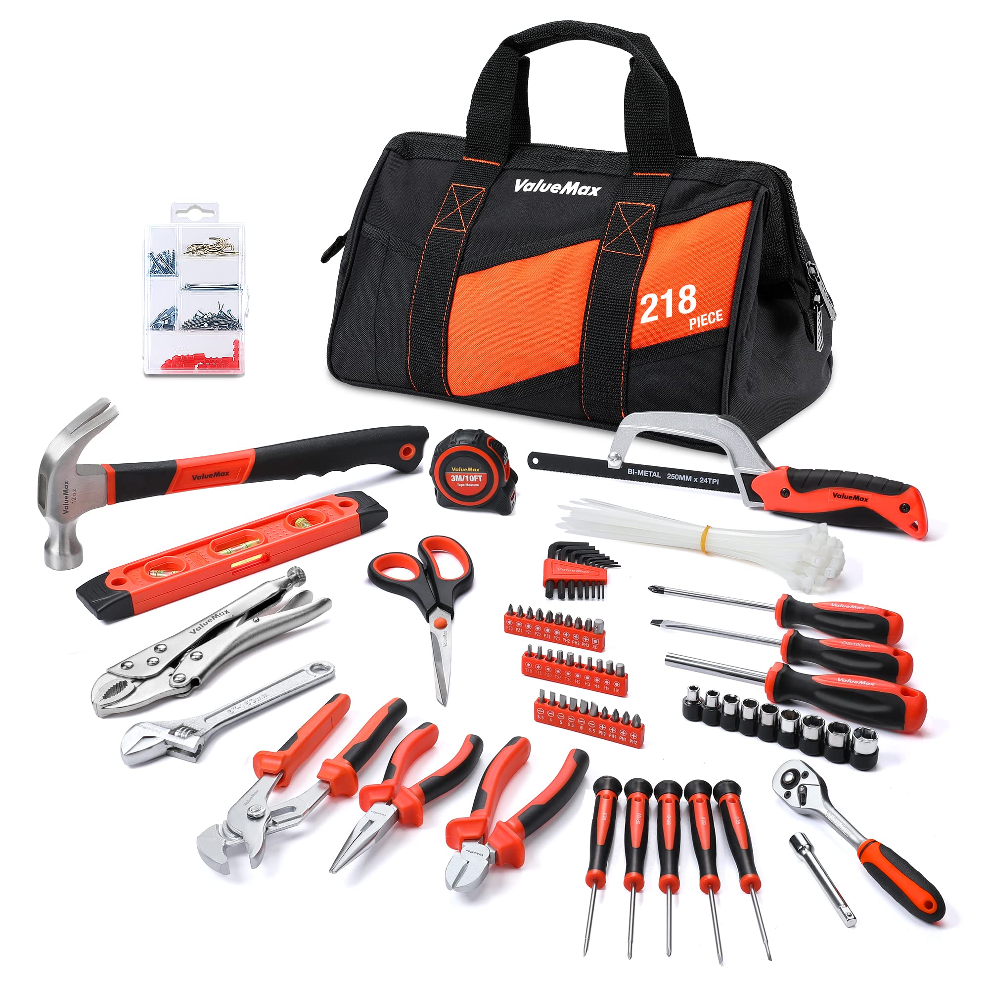 ValueMax218PC Home Tool Kit with 13-Inch Tool Bag, Household Repair & DIY Tool Set - Including Pliers Set, Metric Sockets Set & Ratchet Wrench, Bits Set, Screwdrivers, Hammer, Tape measure, hacksaw