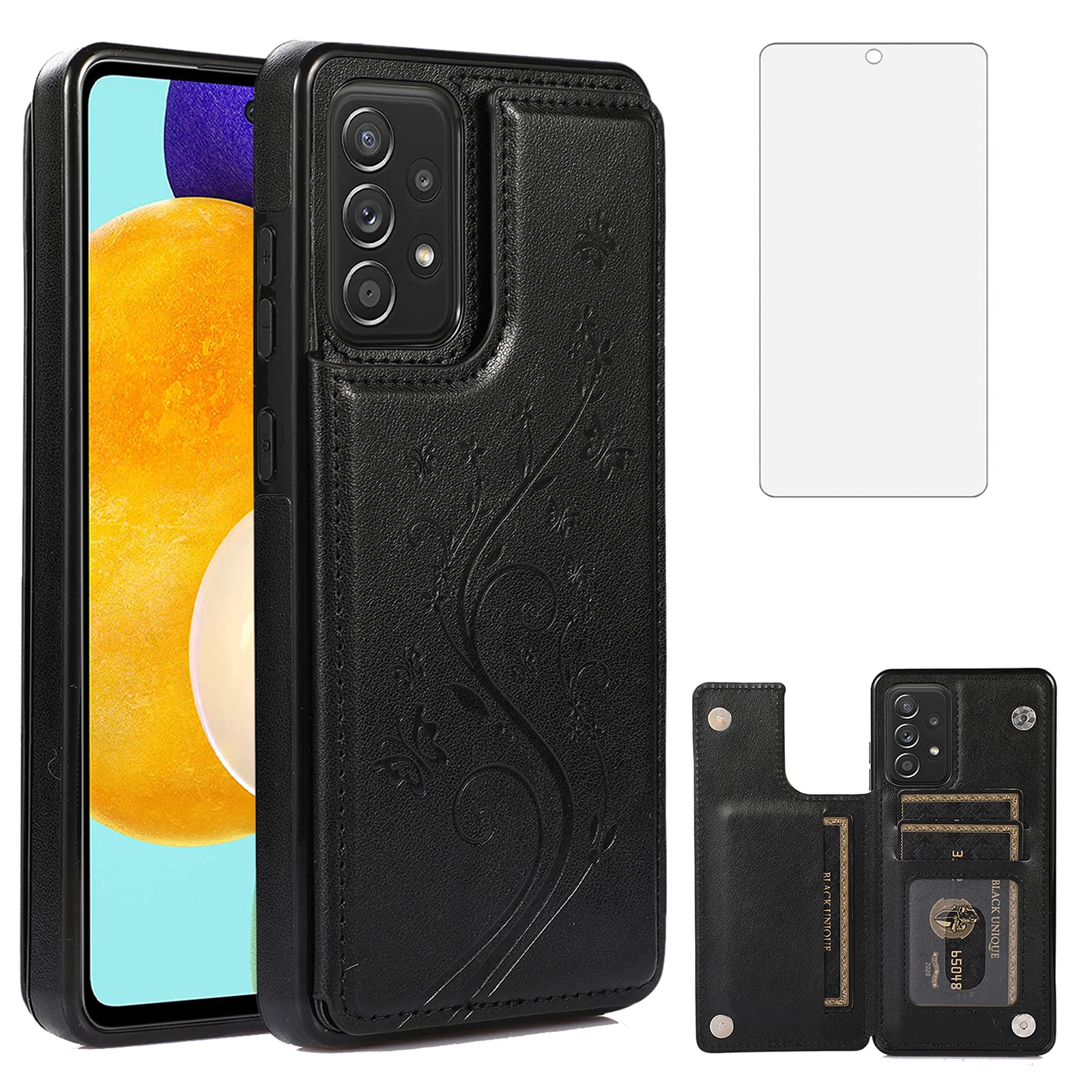 Phone Case for Samsung Galaxy A53 5G 2022 with Tempered Glass Screen Protector Card Holder Wallet Cover Stand Flip Leather Cell Accessories Gaxaly A53 G5 Galaxies 53A SM A536U Cases Women Men Black