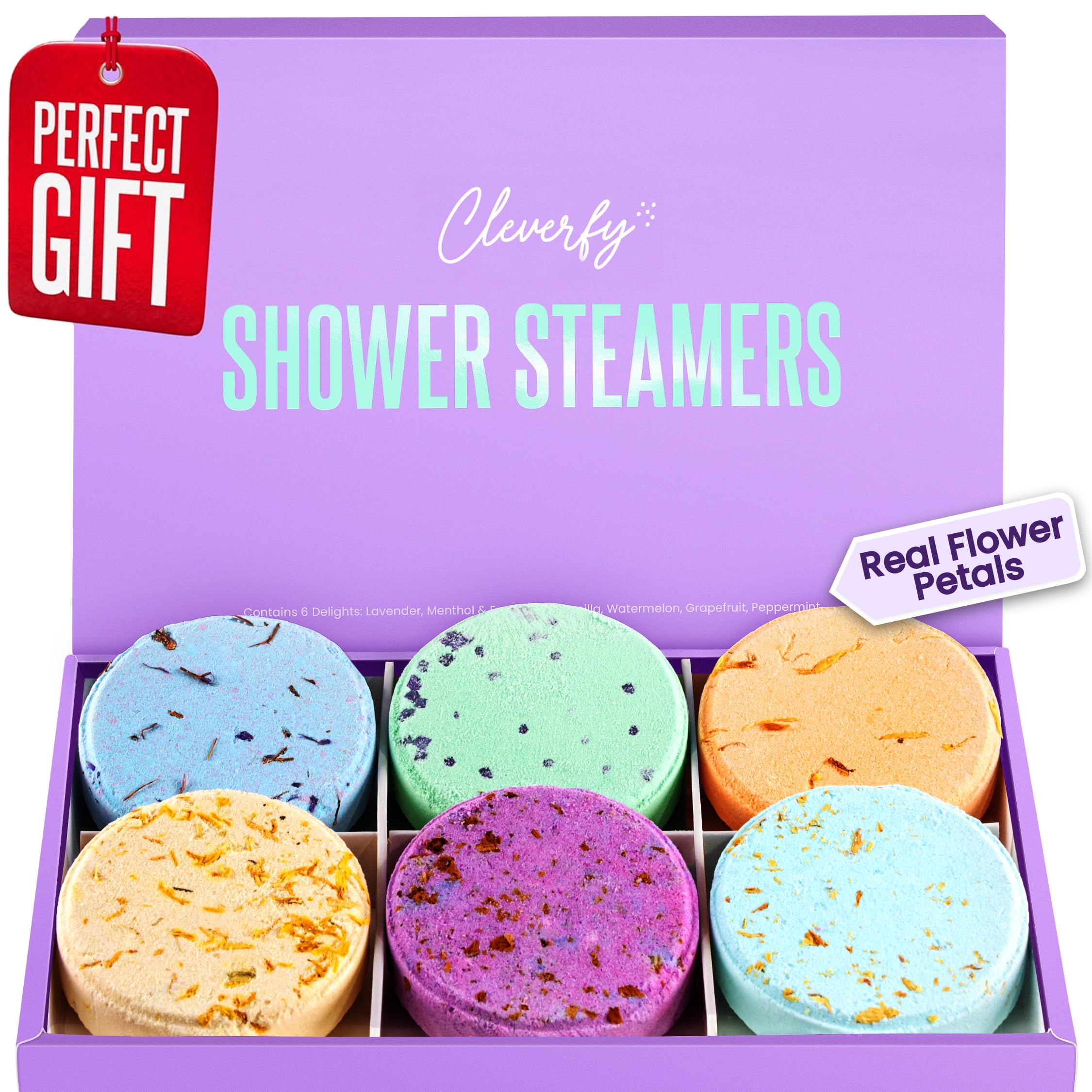 Cleverfy Shower Bombs Aromatherapy - Gift Set of [6] Shower Steamers - With Essential Oils For Home Spa. Shower Melts a.k.a. Vaporizing Shower Tablets are Perfect for Sinus Relief