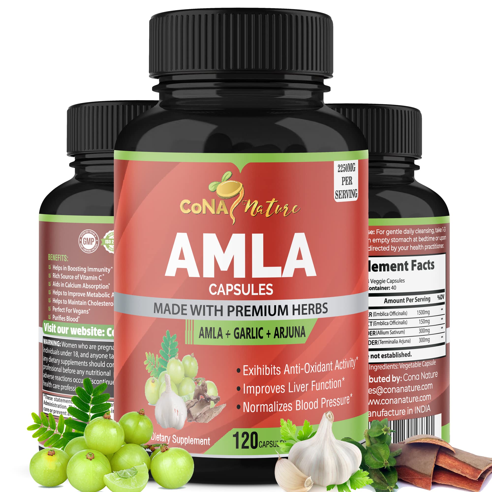 Organic Amla Capsules 2250mg & Arjuna, Garlic |Natural Vitamin C Supplements, High Antioxidants, Rejuvenator |Supports Immunity, Energy Booster |Gluten Free Vegan India Amalaki Extract Fruit, 120 Caps