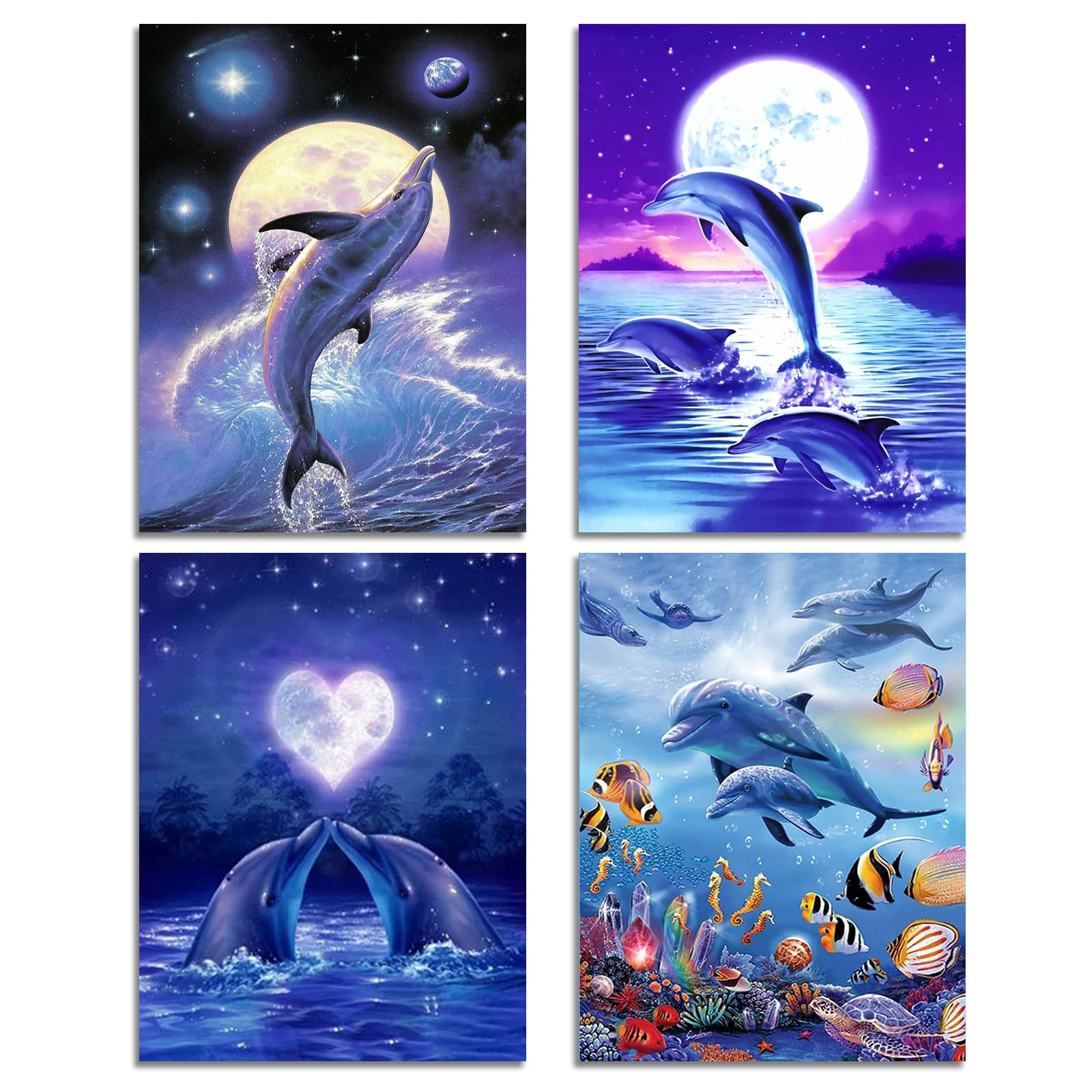 Muzagroo Art 4 Pack Diamond Paintings Kits for Adults 5D Diamond Art DIY with Round Full Drill Diamonds for Beginners Dolphins Diamond Wall Art for Living Room