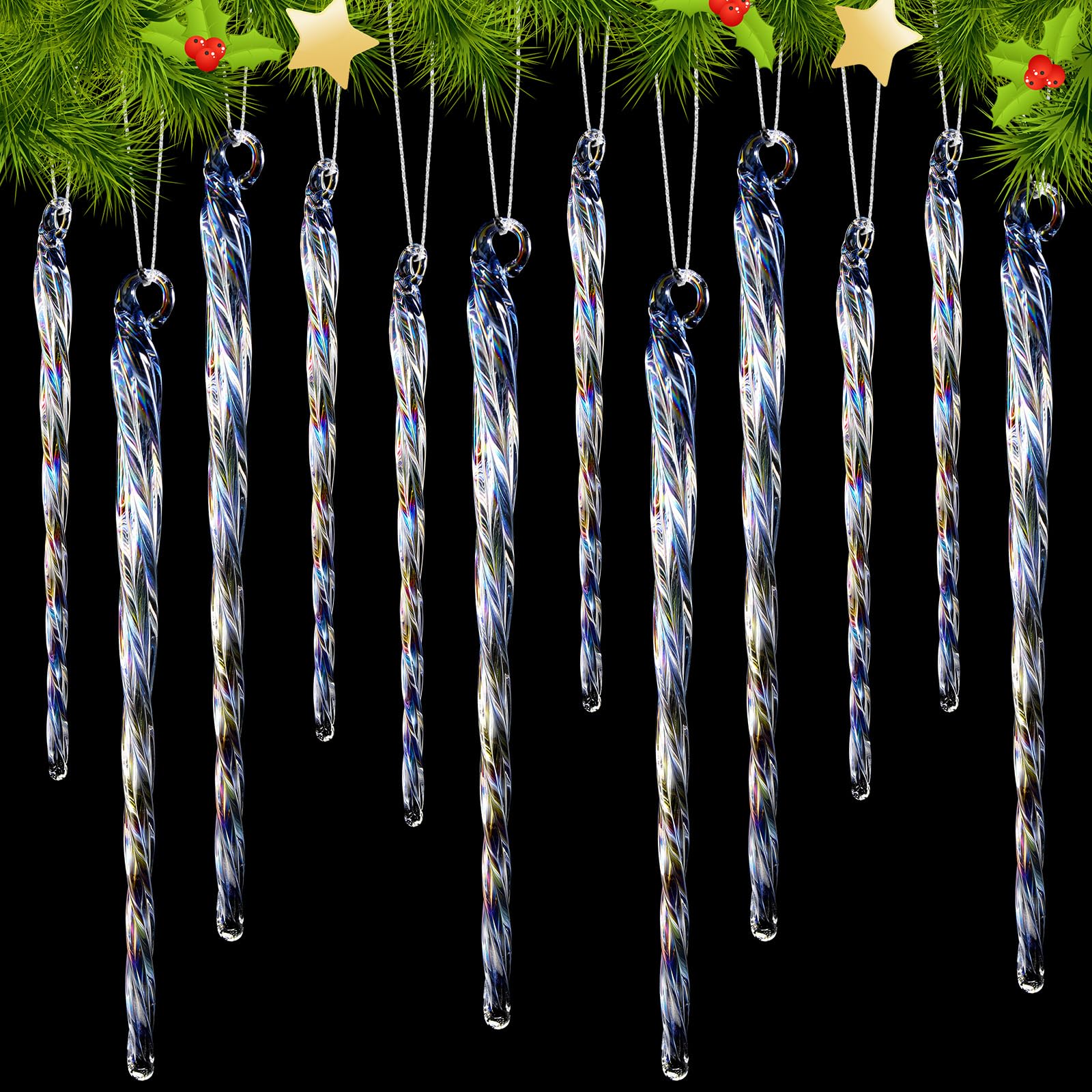 12 Pcs Glass Icicles Christmas Ornaments Glass Icicles for Christmas Tree Glass Icicles Ornaments for Home Christmas Tree Party Decoration (Colored Plating)