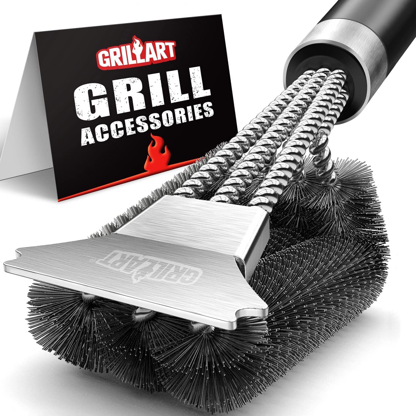 Grillart Grill Brush and Scraper with Deluxe Handle - Stainless Steel Wire BBQ Cleaning Brush