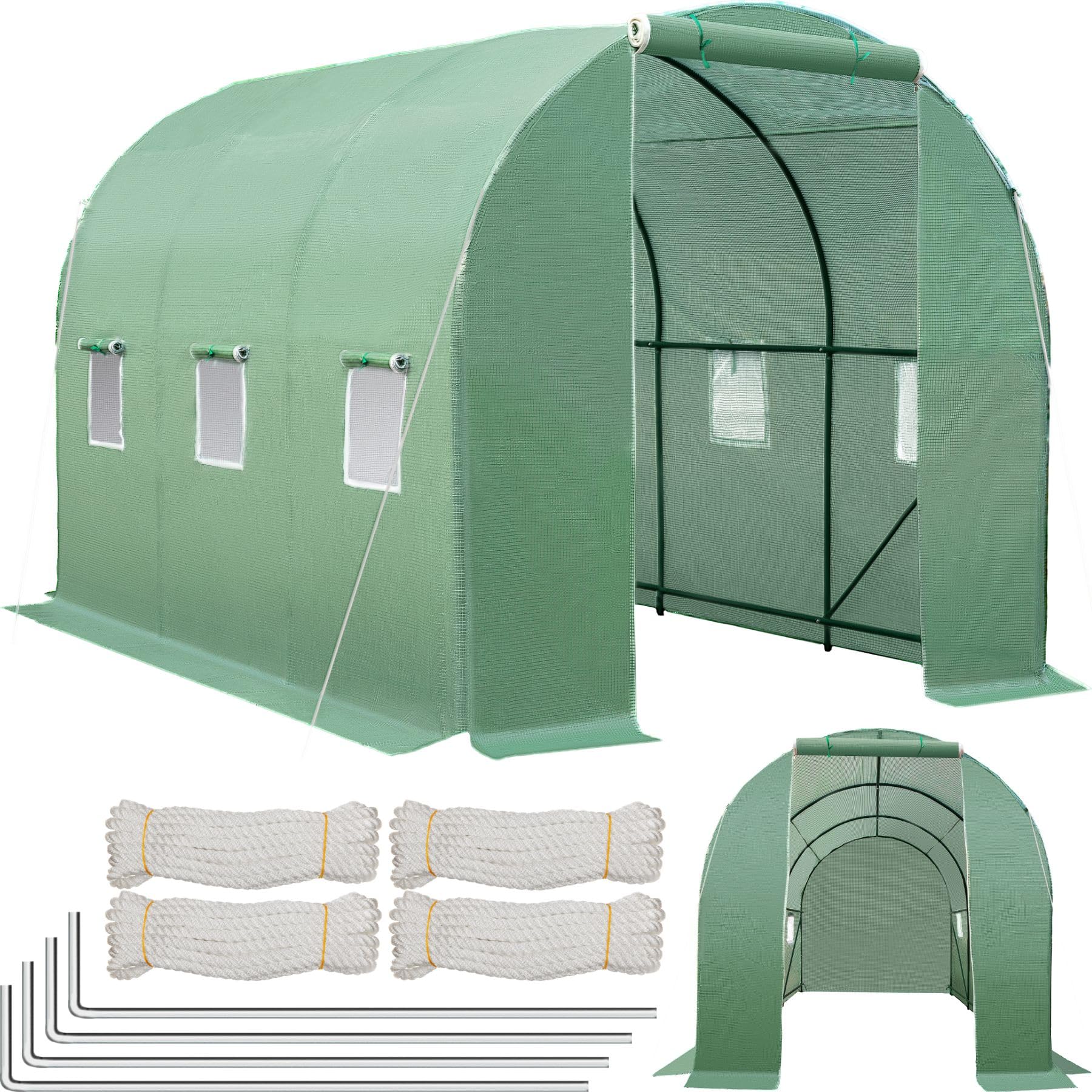 tectake® Greenhouse Polytunnel, Durable Steel Frame Grow Tent, PE Greenhouse Cover with Zip Door, 6 Mesh Windows, Frost-Resistant, 7m² Planting & Potting Space, Incl. Greenhouse Accessories - green