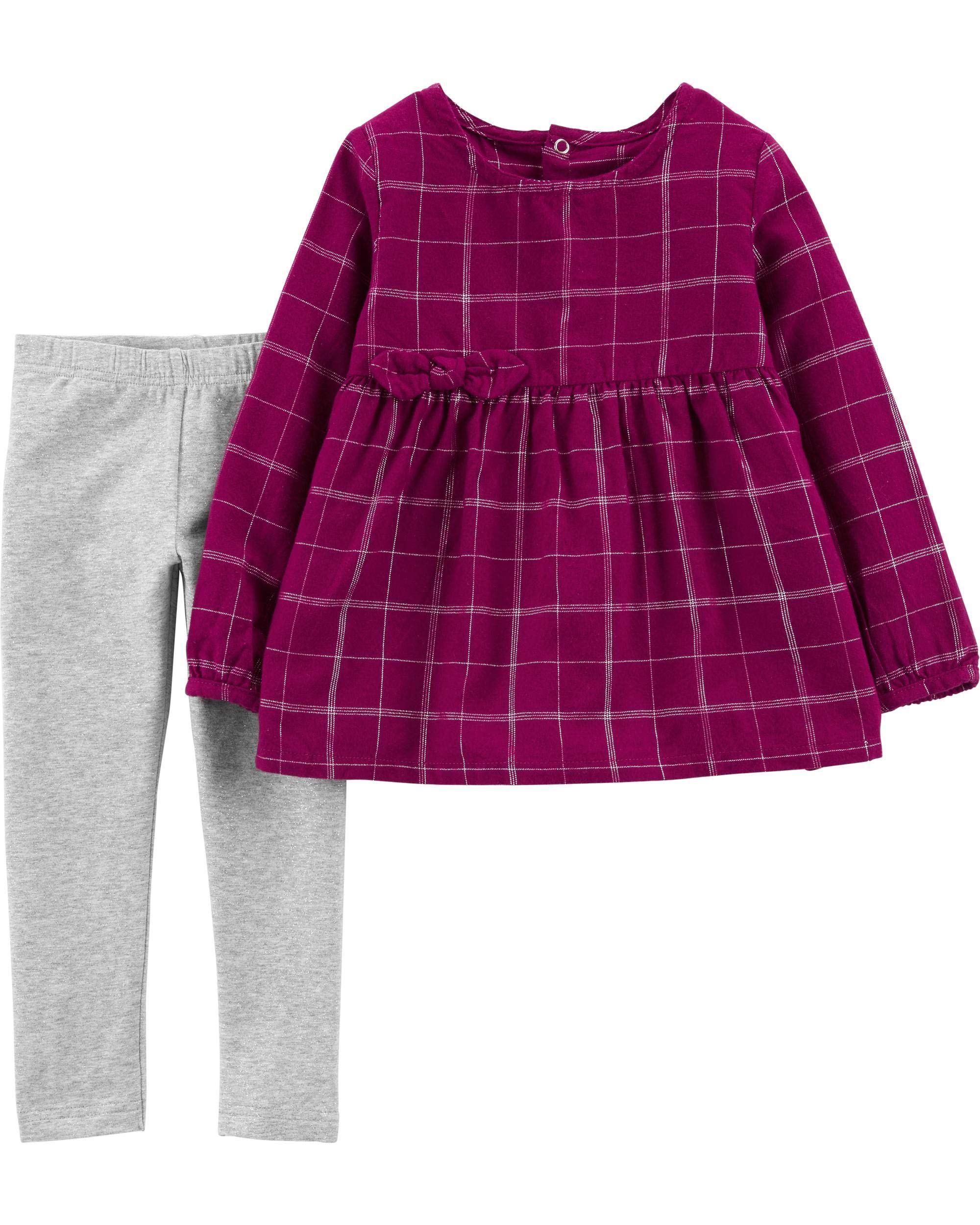 2-Piece Checkered Flannel Top & Glitter Legging Set