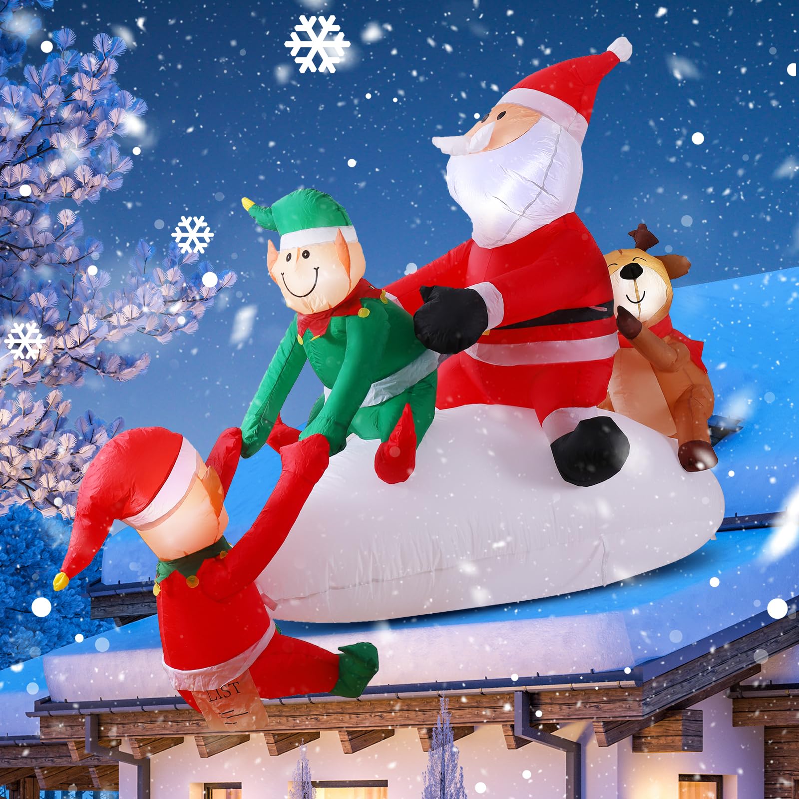 ElegearInflatable Christmas Decorations Outdoor, 9FT Inflatable Santa Claus with Christmas Elves Reindeer Climbing Santa Blow Up Yard Decorations Giant Xmas Decorations for Outdoor Eaves Windowsill