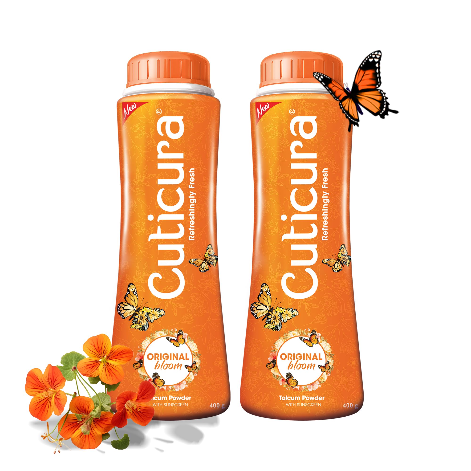 Cuticura Original Bloom Talcum Powder with Sunscreen 400g (Combo pack of 2) | Odour control | Long lasting fragrance | 100% Vegan | Cruelty-free | Refreshingly Fresh Talc