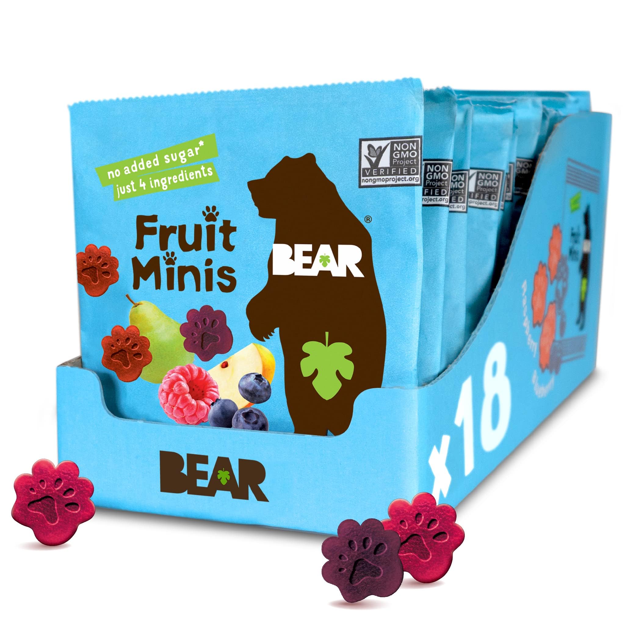 BEARReal Fruit Snack Minis, Raspberry/Blueberry, No added Sugar, All Natural, Bite Sized Snacks for Kids, Non GMO, Gluten Free, Vegan, 0.7 Oz (Pack of 18)