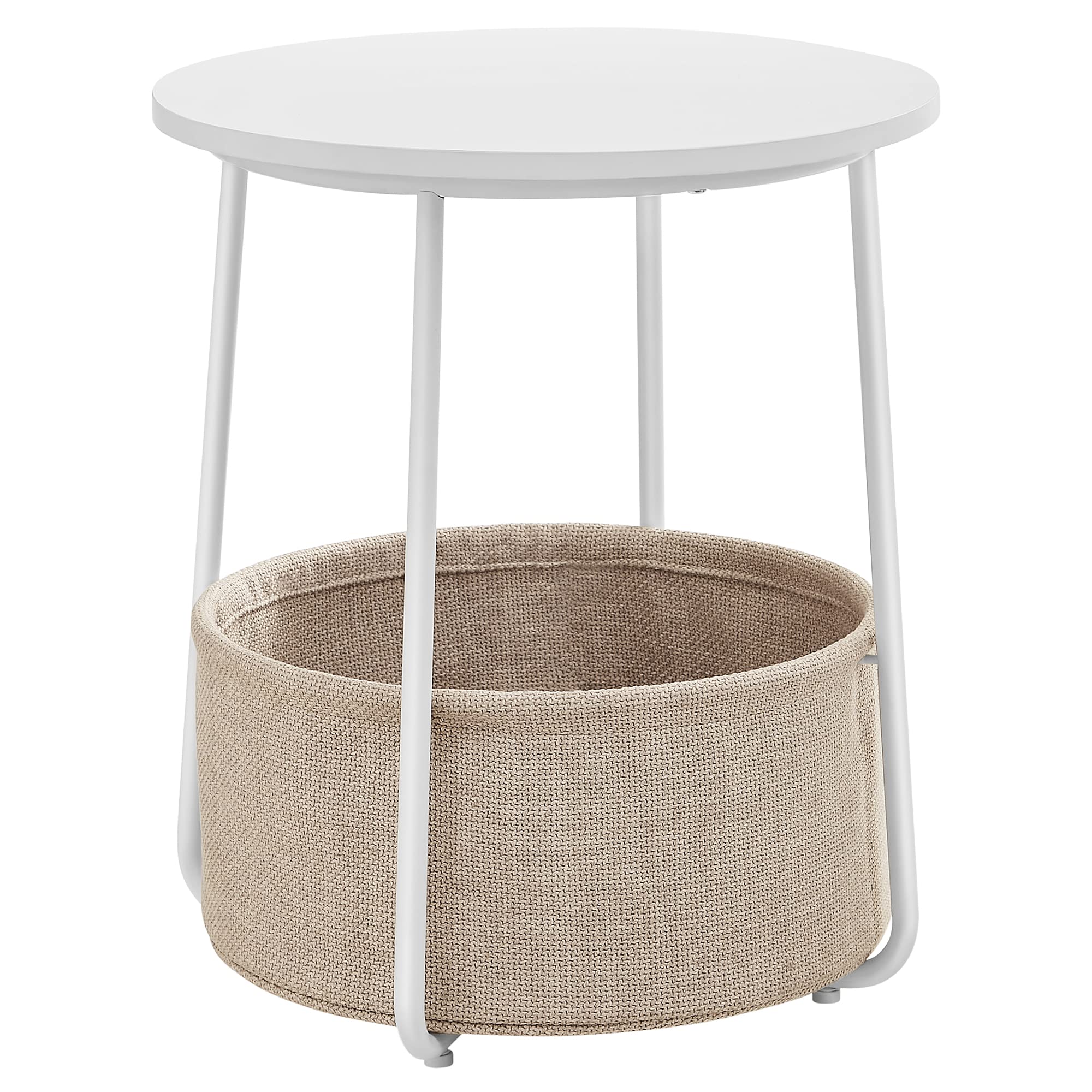 VASAGLE Side Table, Round End Table with Fabric Basket, Spacious, for Living Room Bedroom, Bedside Table, Modern Style, White and Beige LET223W10