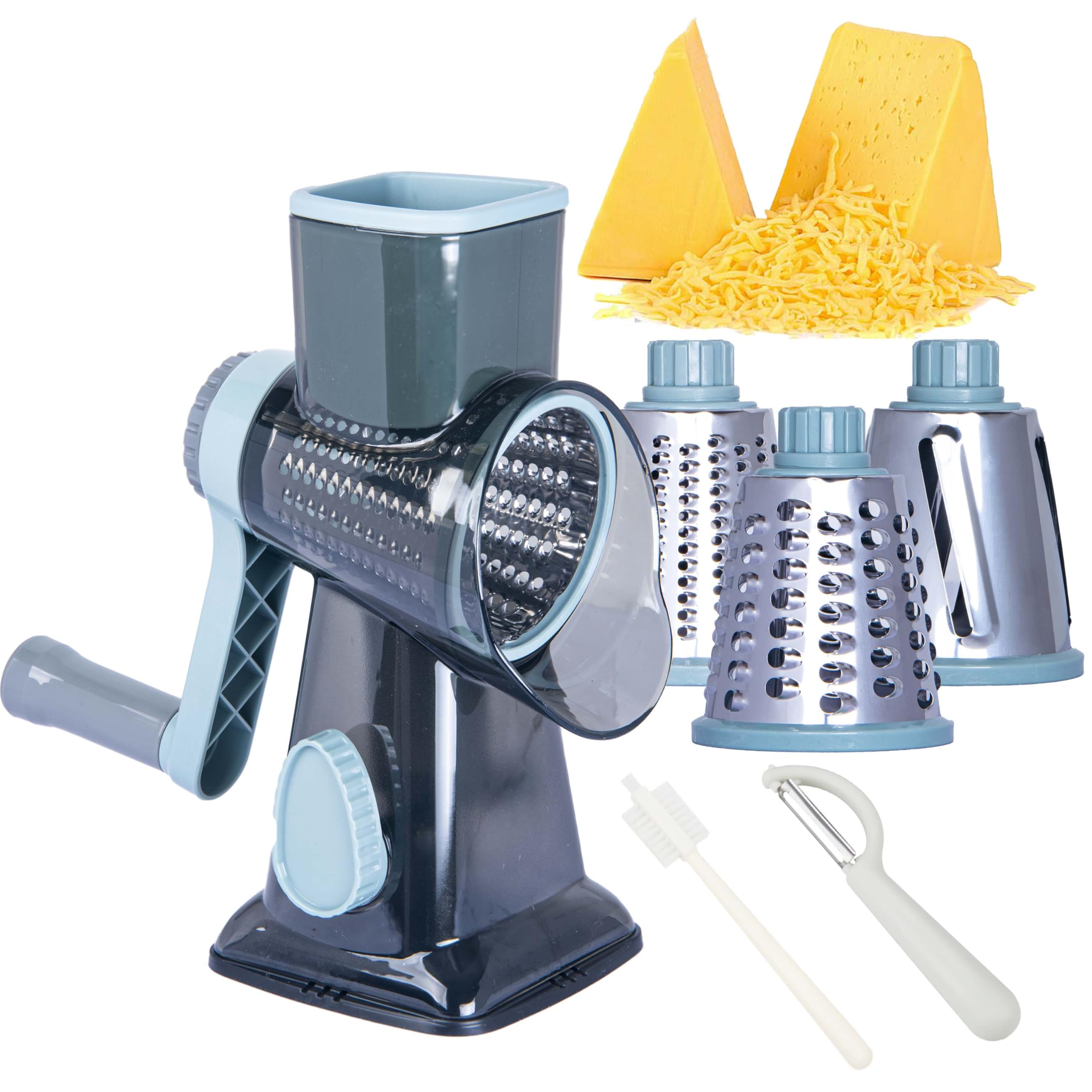 Rotary Cheese Grater Cheese Shredder, Cheese Grater Handheld with Strong Suction Base,Kitchen Vegetable Slicer 3 Replaceable Stainless Drum Blades for Fruit, Food, Nuts,Easy to Use Clean (Blue)