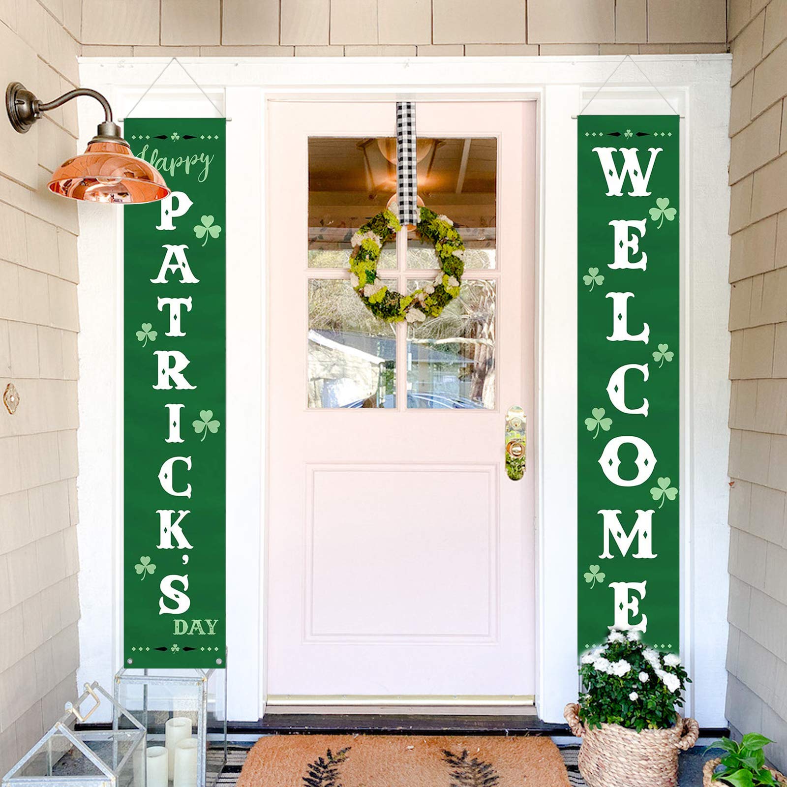 Anpatio Happy St Patricks Day Banner with Rod and Ribbon 12 x 71 Inch Irish Party Shamrock Welcome Hanging Sign for Indoor Outdoor Decoration