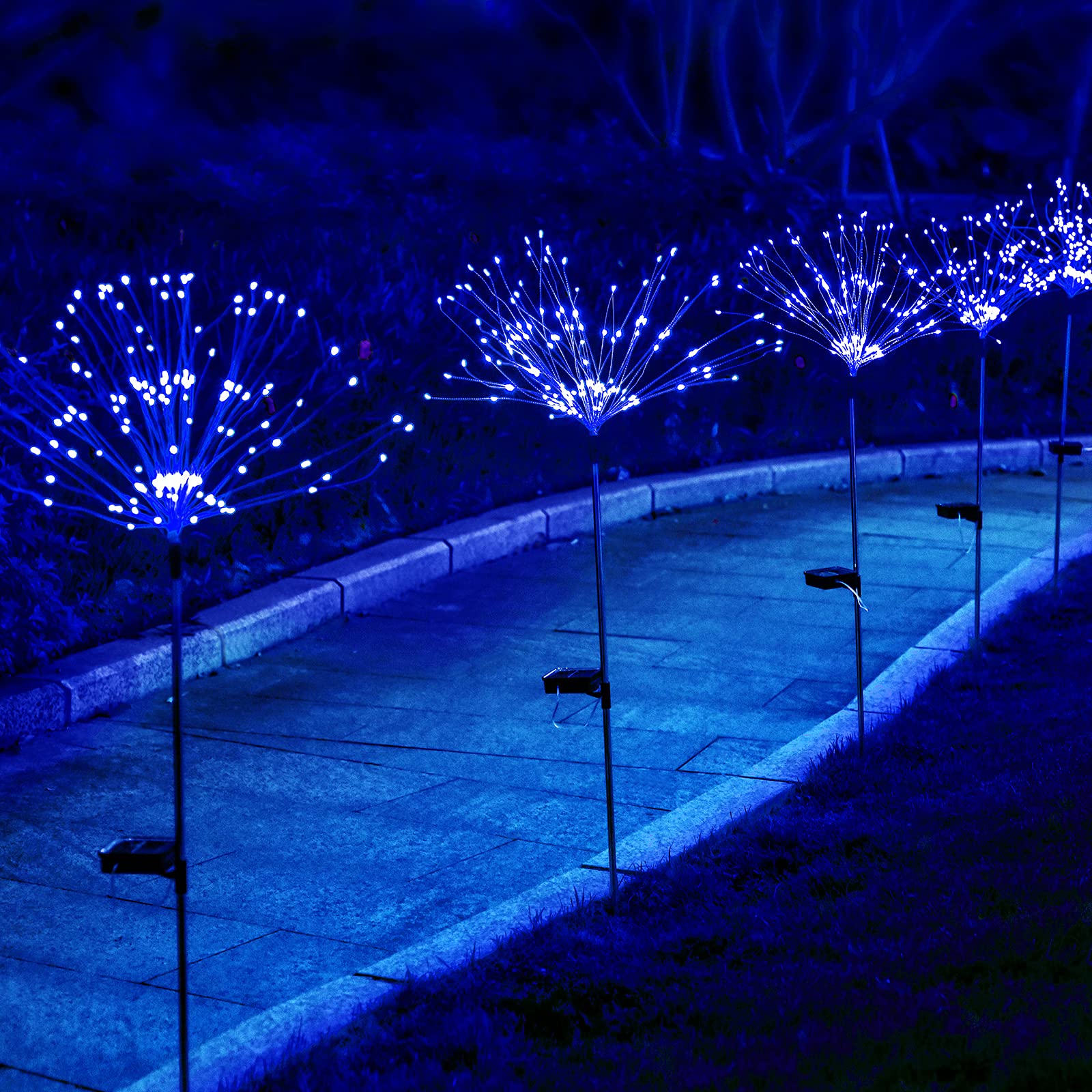 2 Pack Ooklee Solar Firework Lights - 150 LED 8 Modes Outdoor Solar Garden Decorative Lights, Copper Wires String Landscape Stake Light for Walkway Patio Lawn Backyard Christmas Decoration (Blue)