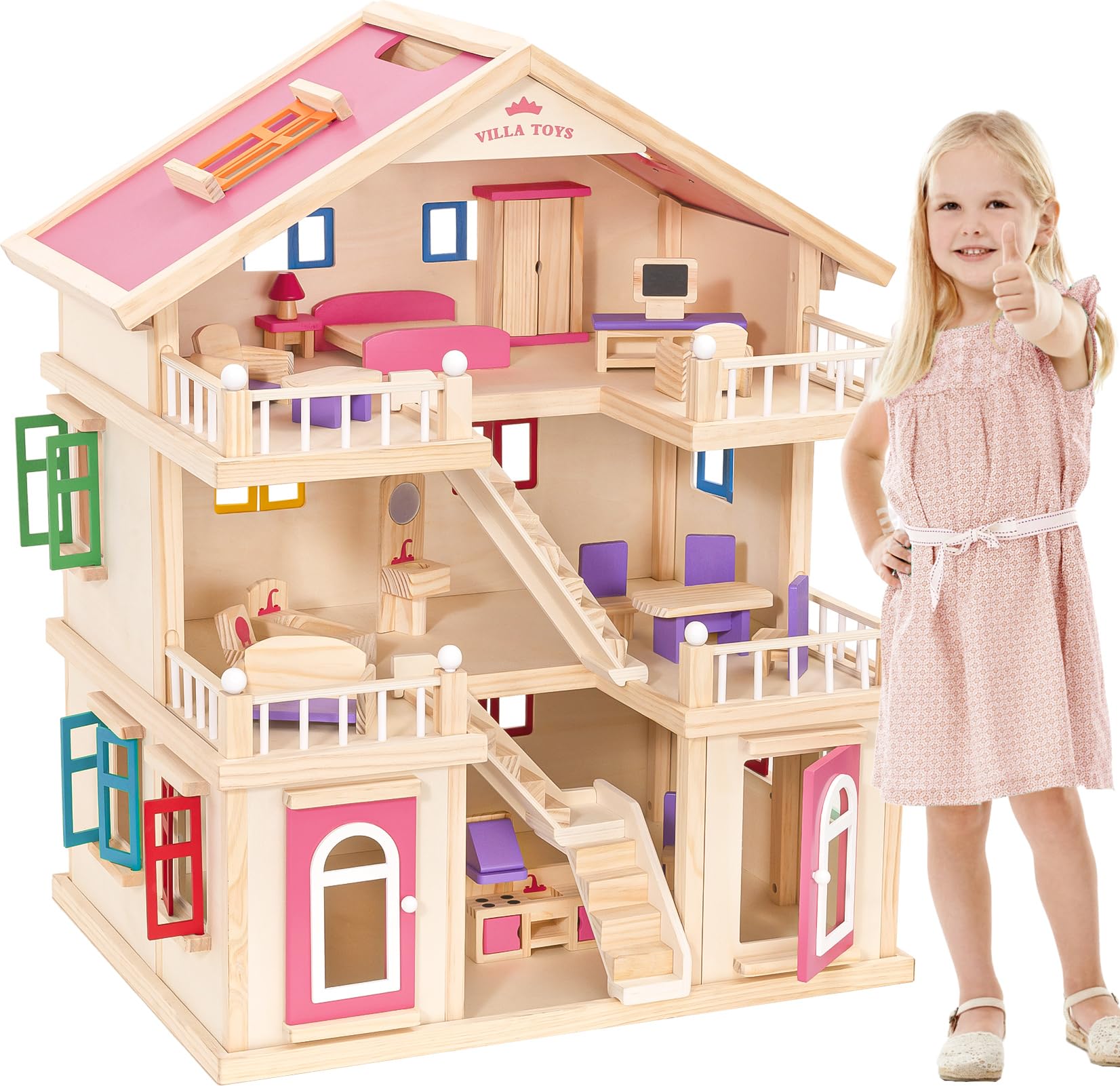 Thicken Wooden Dollhouse with Furniture Accessories for Girls Doll House Play Toy, LED Large Pink Dream House for Doll, Birthday Gift Doll Play Girls Toys for 2 3 4 5 6 Year Old Girl Gift