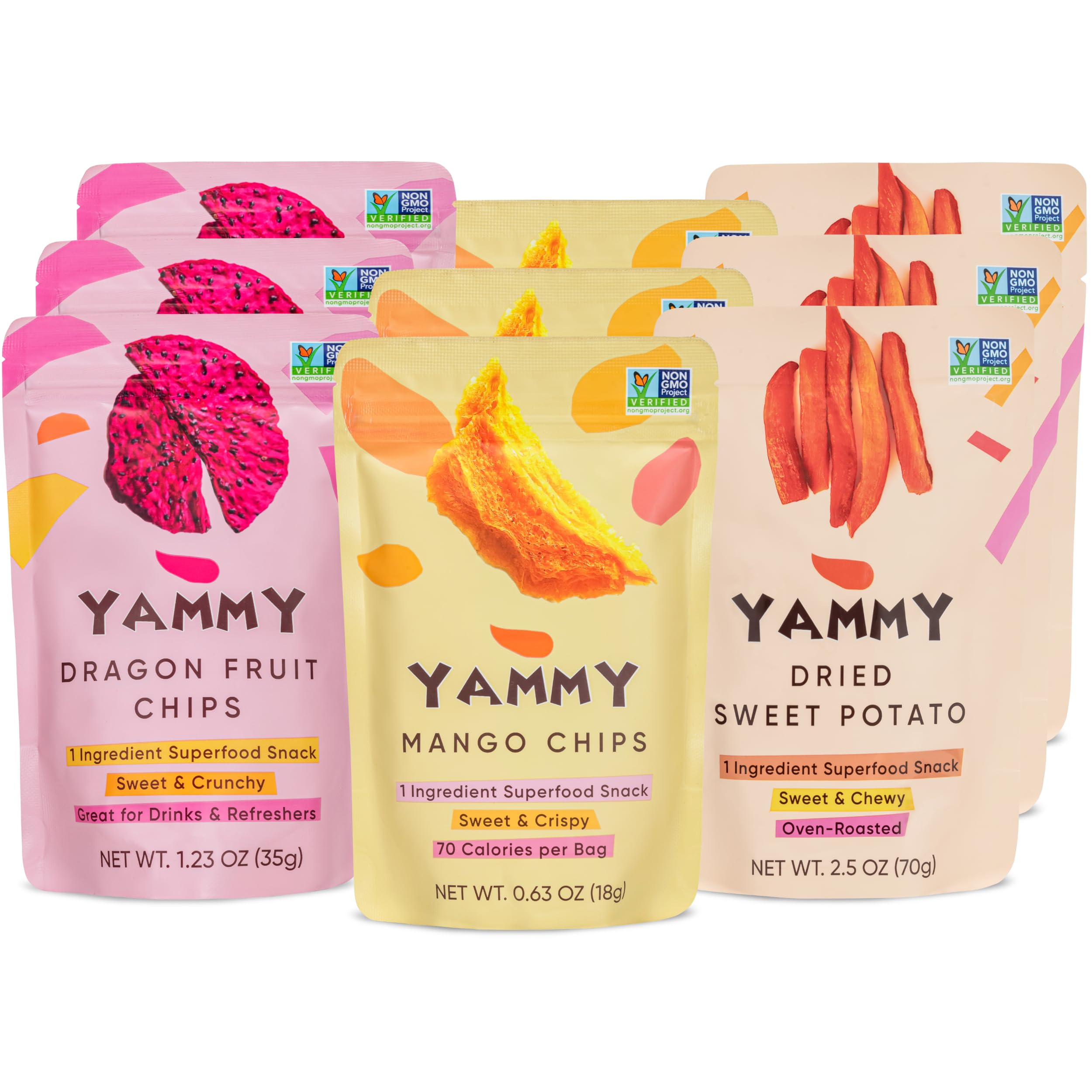 Yammy 1 Ingredient Superfood Snack (Variety Pack), Healthy Dried Sweet Potato Sticks, Mango Crisps, Dragon Fruit Chips, Exotic Like Freeze Dried Fruit, Low Calorie, Gluten Free, Vegan (Pack of 9)