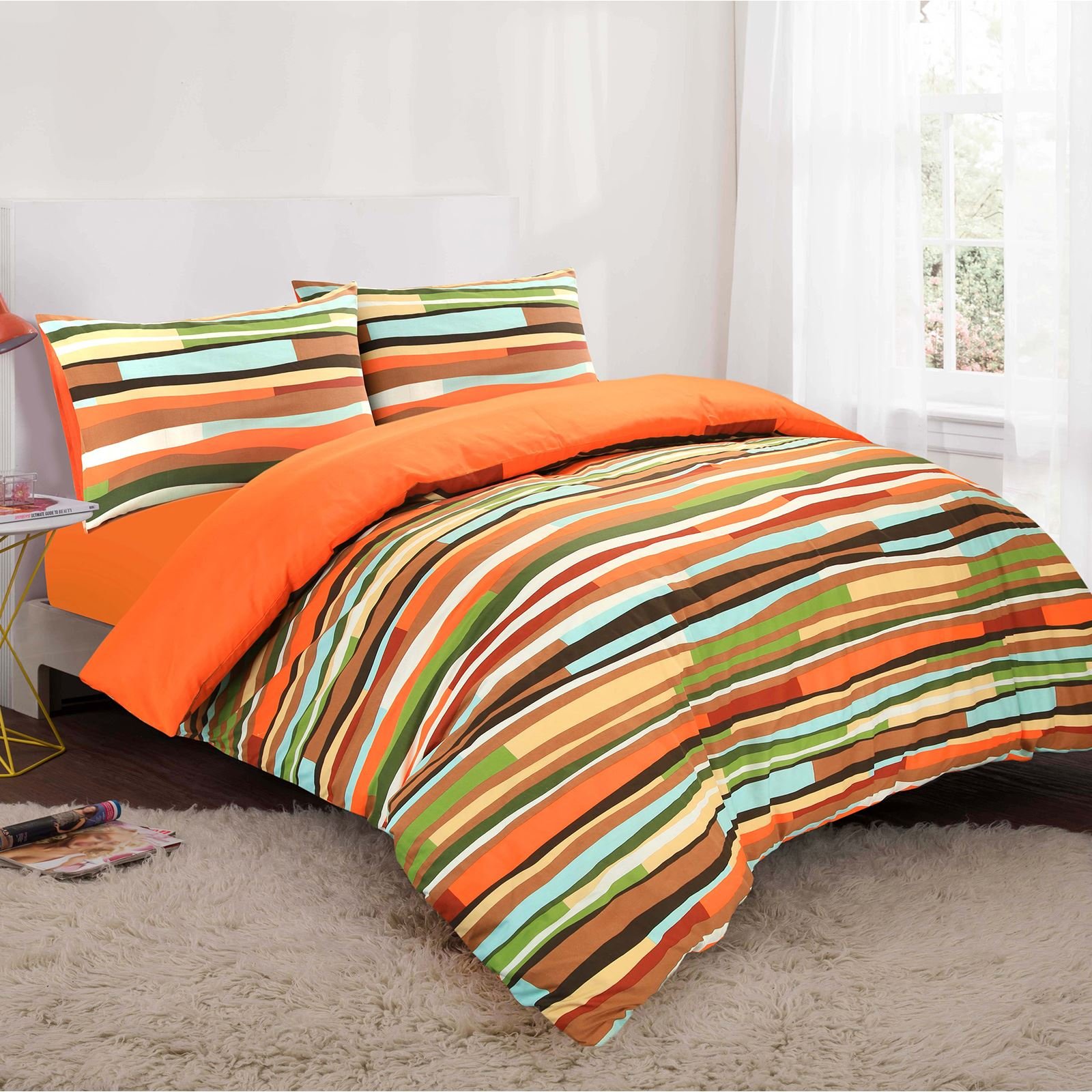 Nimsay Home Waves Multicoloured Striped Duvet Cover and Pillowcases Set (Super King, Orange)