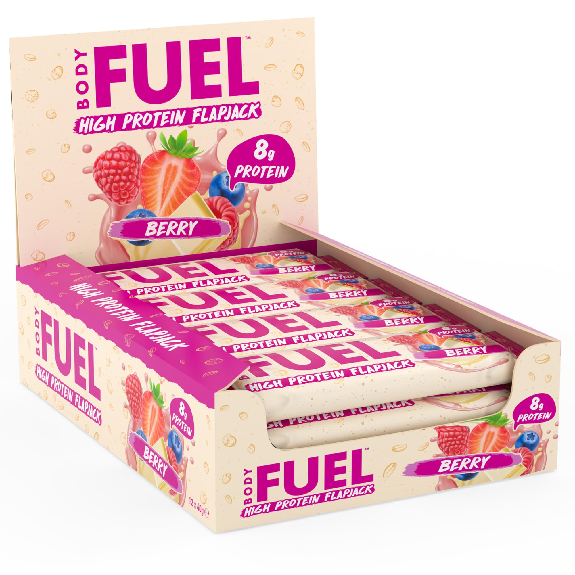 BodyFuel High Protein Flapjack - 8g Protein, Low Sugar, High Fiber Snack for Pre-Workout & Post-Workout Recovery (Berry)(12 x 40g)