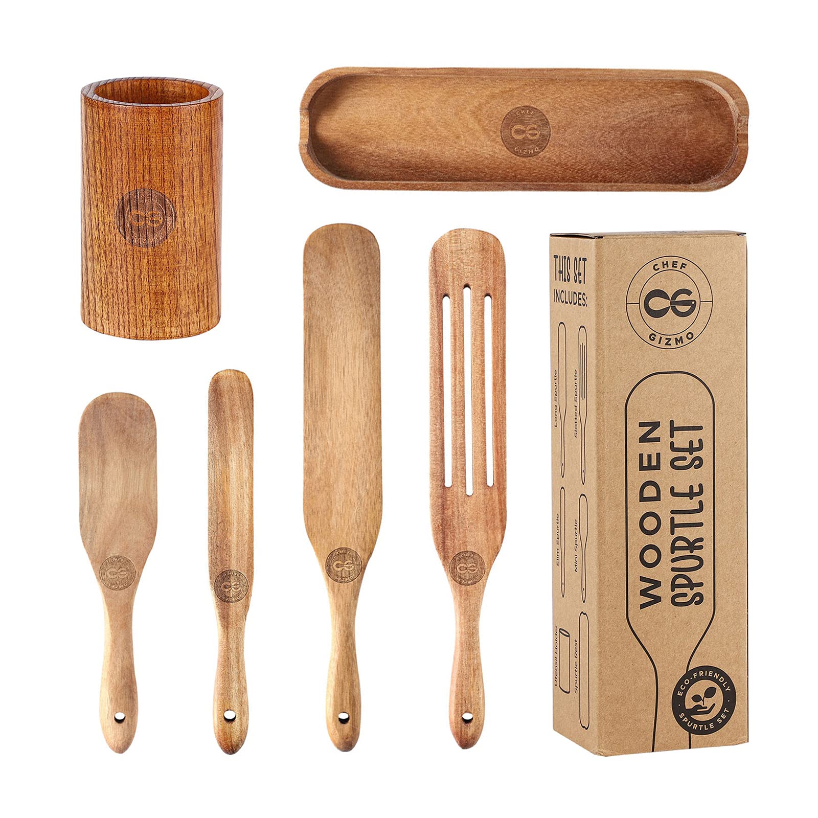 Spurtle Set Wood Spurtles Kitchen Tools - Spurtle Wooden cooking Utensils Set - Non-stick Cookware Kitchen tool set- Wooden Spurtle Set with Utensil holder and Acacia Wood Spatula Spoon rest (6)