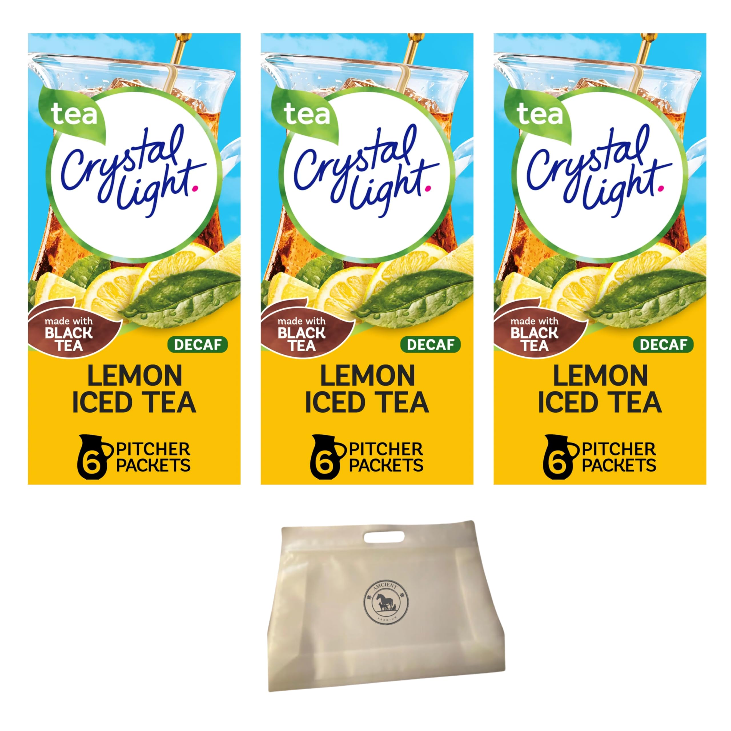 Crystal Light Decaf Lemon Iced Tea 3 x 6 Ct Pitcher Packets Bundle With Reusable Food Pouch By AMCIENT