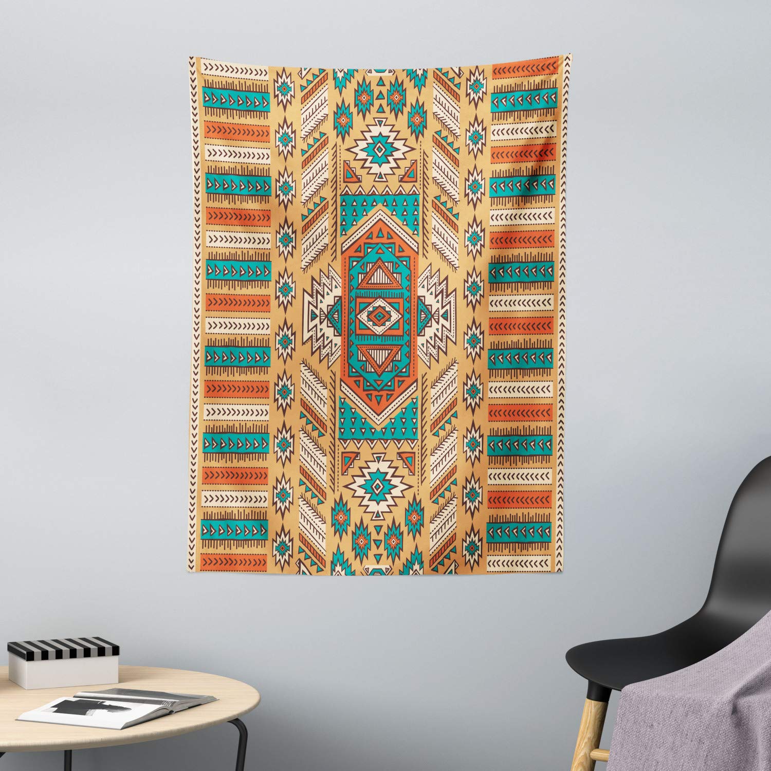 ABAKUHAUS Tribal Tapestry, Ethnic Aztec Secret Tribe Pattern in Native American Bohemian Style, Fabric Wall Hanging Decor for Bedroom Living Room Dorm, 43 W X 58 L, Apricot Orange and Teal