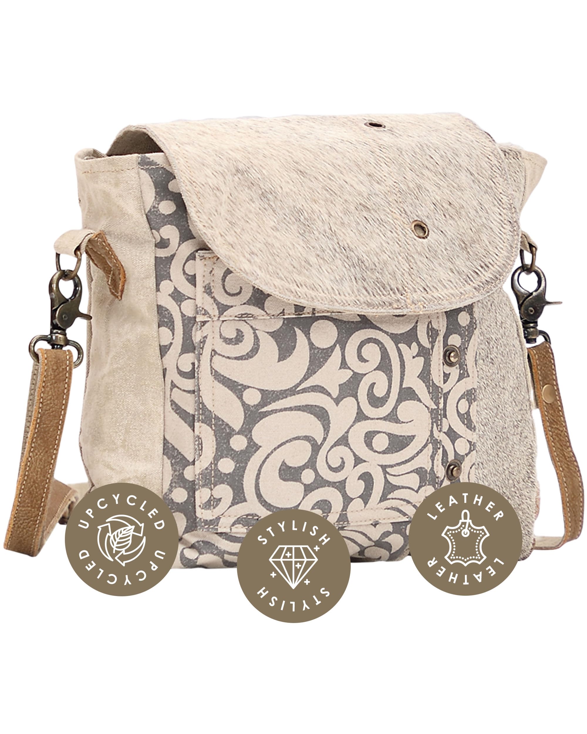 Myra Bag Factual Upcycled Canvas & Cowhide Messenger Bag