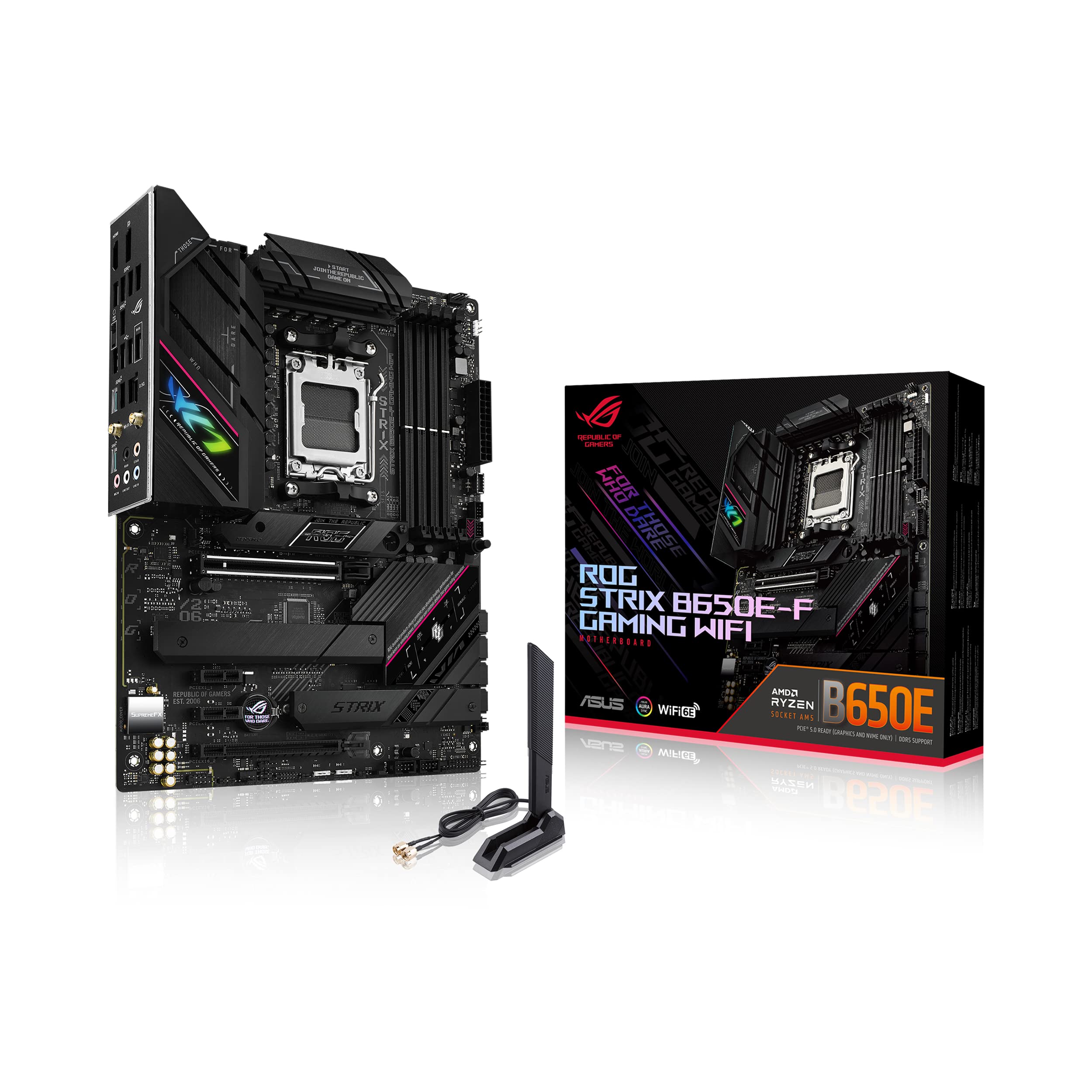 ASUS ROG Strix B650E-F Gaming WiFi AMD Ryzen AM5 ATX motherboard, 12 + 2 power stages, DDR5, three M.2 slots, PCIe 5.0, WiFi 6E, 2.5G LAN, USB 3.2 Gen 2x2 Type-C port, and Aura Sync RGB