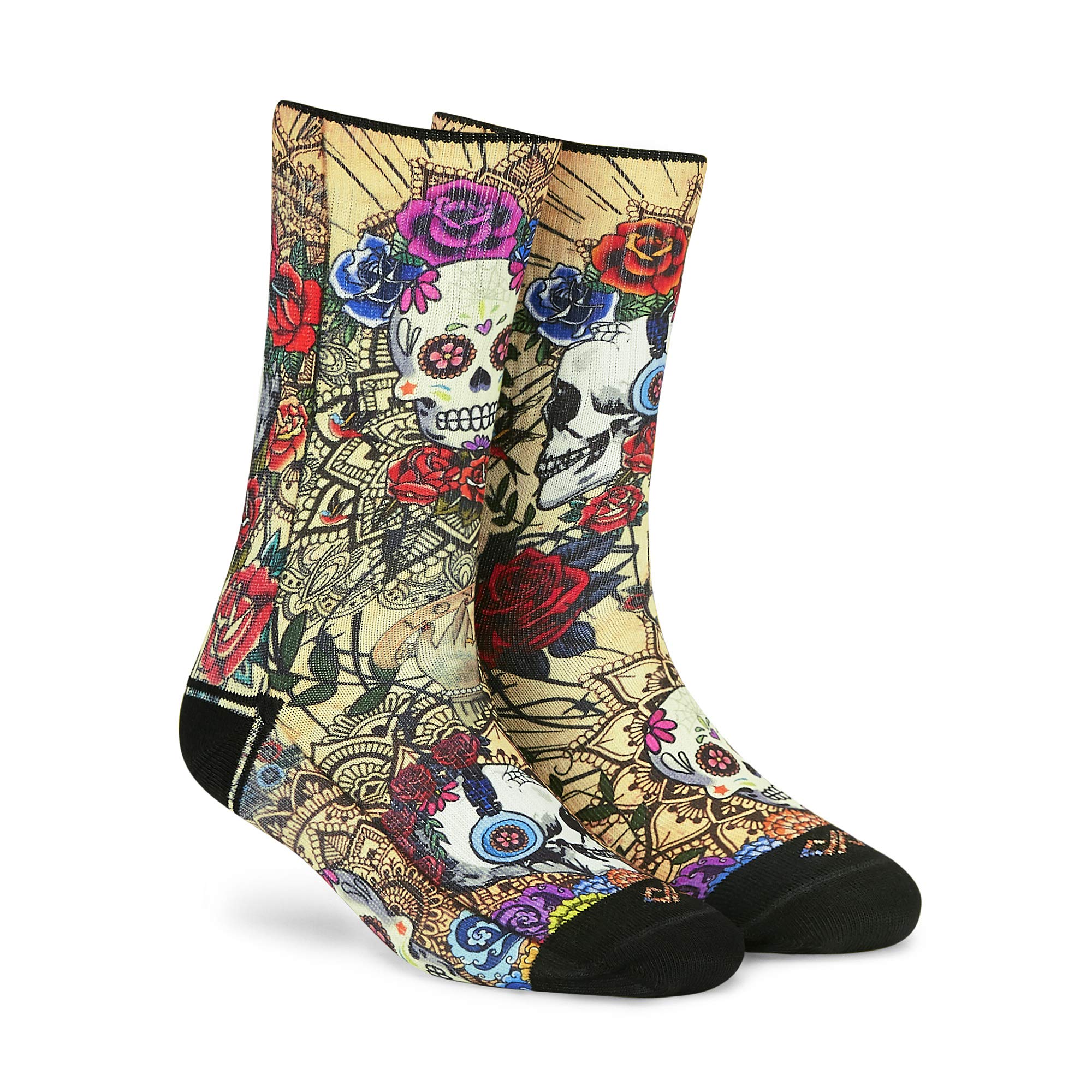 DYNAMOCKS Men & Women Crew Length Socks (Skulls & Roses) (Pack of 1 pair; Multicolour; Anti-Odour; Breathable; Durable) (Small-Fits Shoe Size India/UK 4-7)(Large-Fits Shoe Size India/UK 8-10)