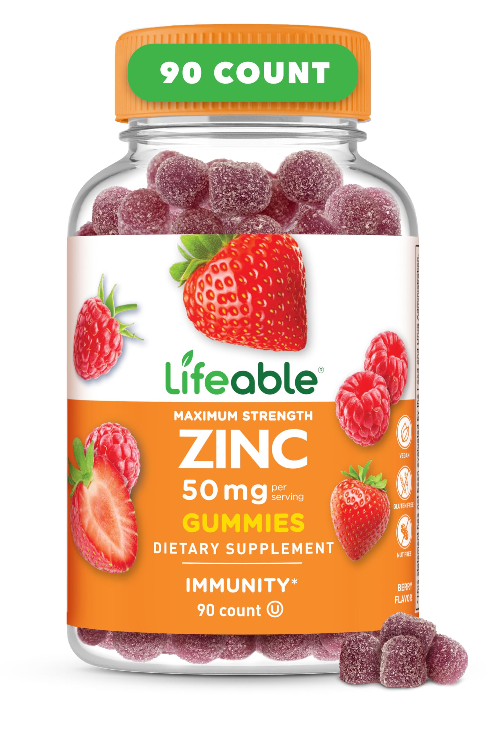 Lifeable Zinc Gummies | 50mg | Great Tasting Natural Flavor Zinc Vitamins | Gluten Free, Vegetarian, GMO-Free Zinc Chewable | for Immune Support | 90 Gummies