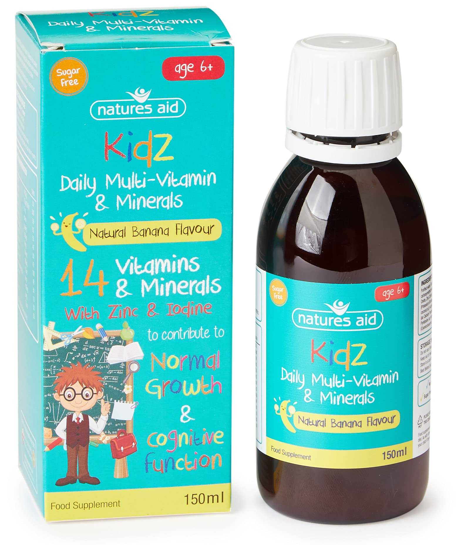 Natures Aid Kids Multi-Vitamin and Minerals Formula for Children (150 ml, Natural Banana Flavour, Sugar Free, Vegan Society Approved, Made in the UK) 6 Years Plus