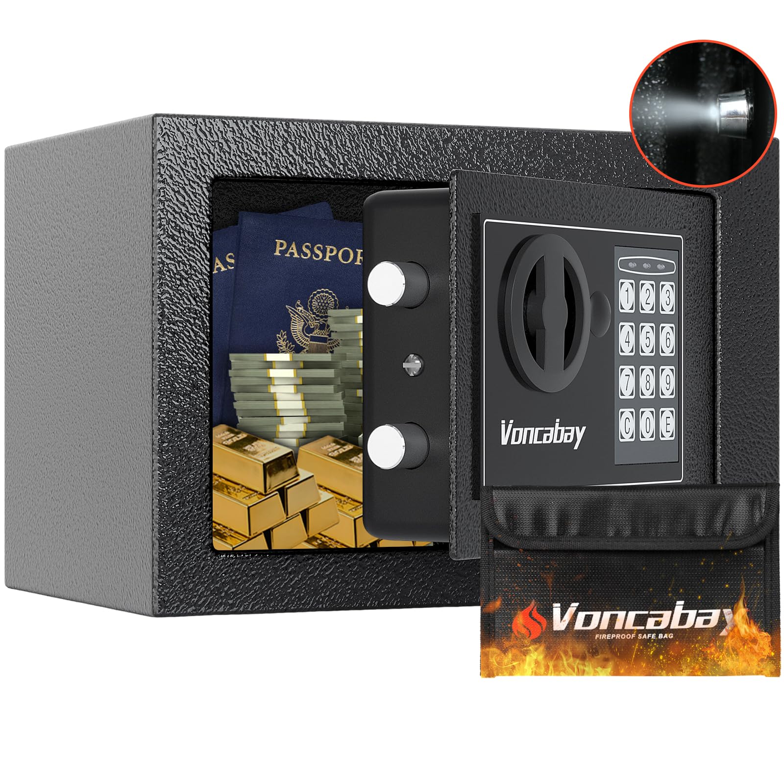 VoncabayMoney Safe Box for Home with Sensor Light & Fireproof Security Safe Box for Money Safe with Keys & Pass Code, Lock Box Fireproof Safe with Digital Keypad