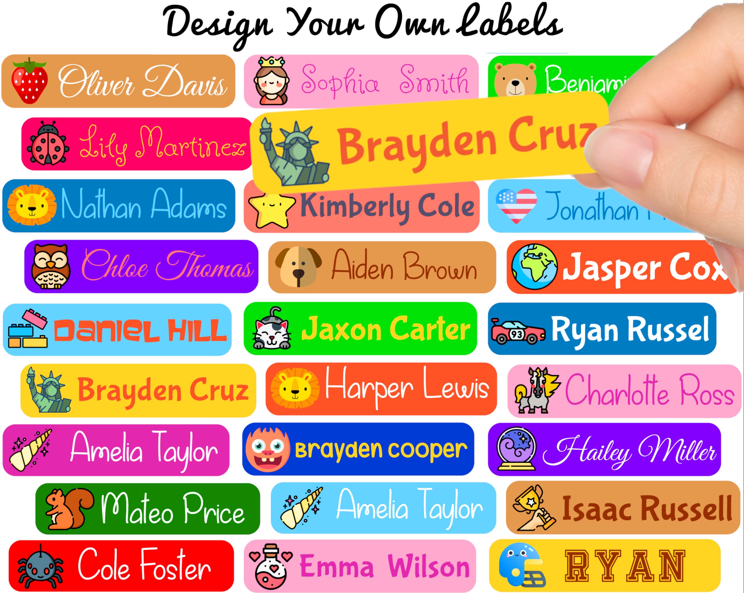 100 x Customized Name Labels Perfect Kids Daycare and School Supplys Tag Labels Cute Children's Name Label Pack - Waterproof Safe Multi