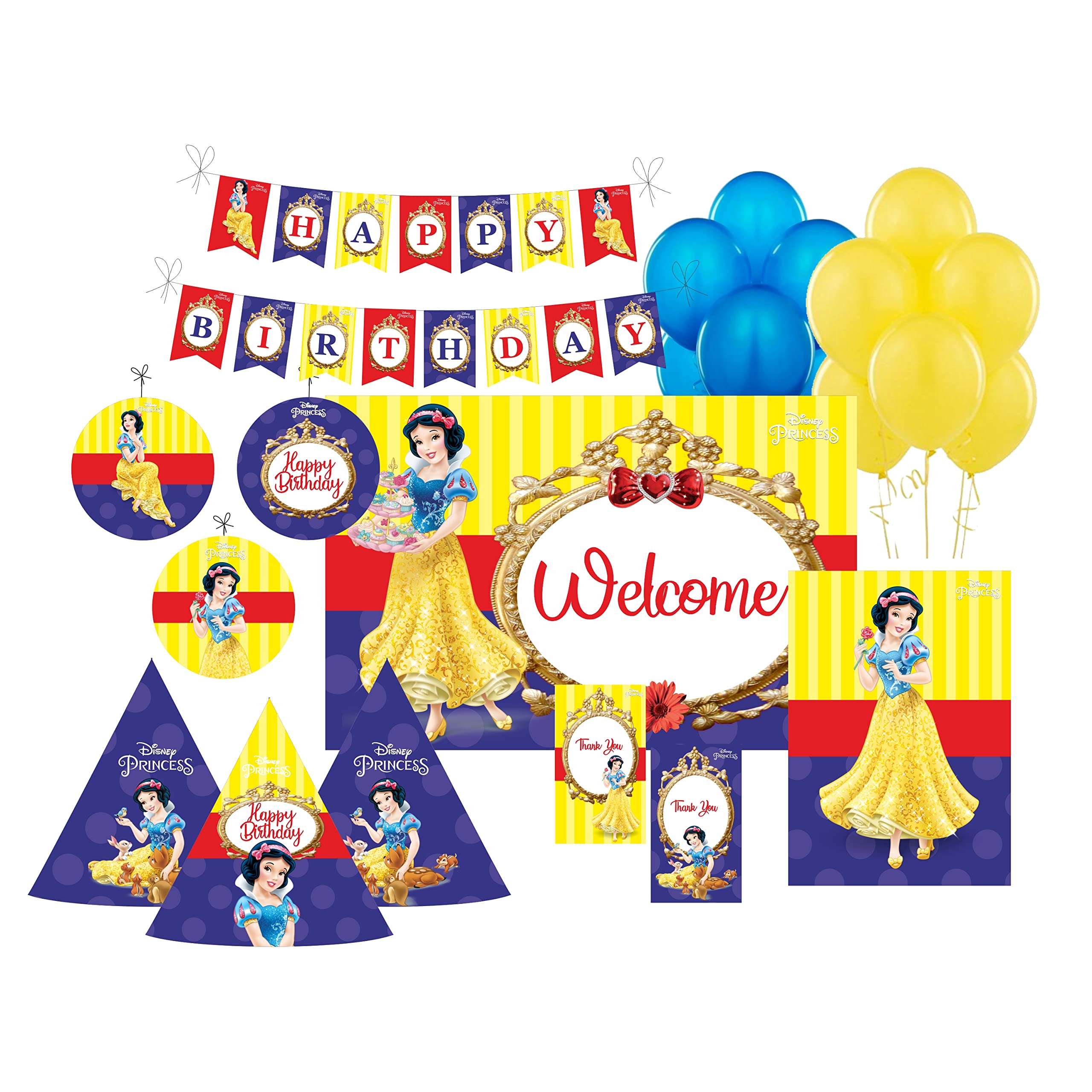 Pretty UR Party Snow White Party decorations Kit - 80 pcs includes Banners, balloons, thank you, centerpiece,danglers,Caps, Snowwhite Party Supplies, Fairy tale Birthday Decor, DIY Décor Pack for Kids