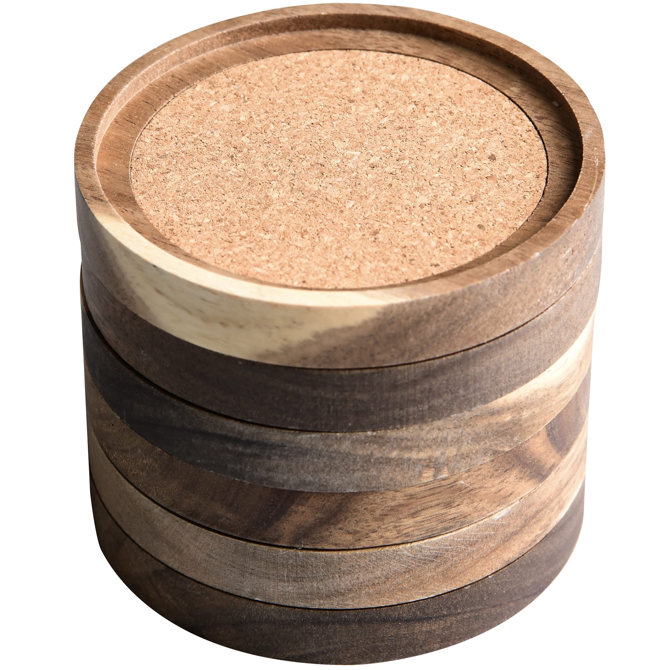 Acacia Wood Coasters with for Drinks, Set of 6, Absorbent and Insulation Cork Stackable Cup Holders, Rustic Coasters for Wooden Table, Designed by S1EGAN (Diameter 4.13")