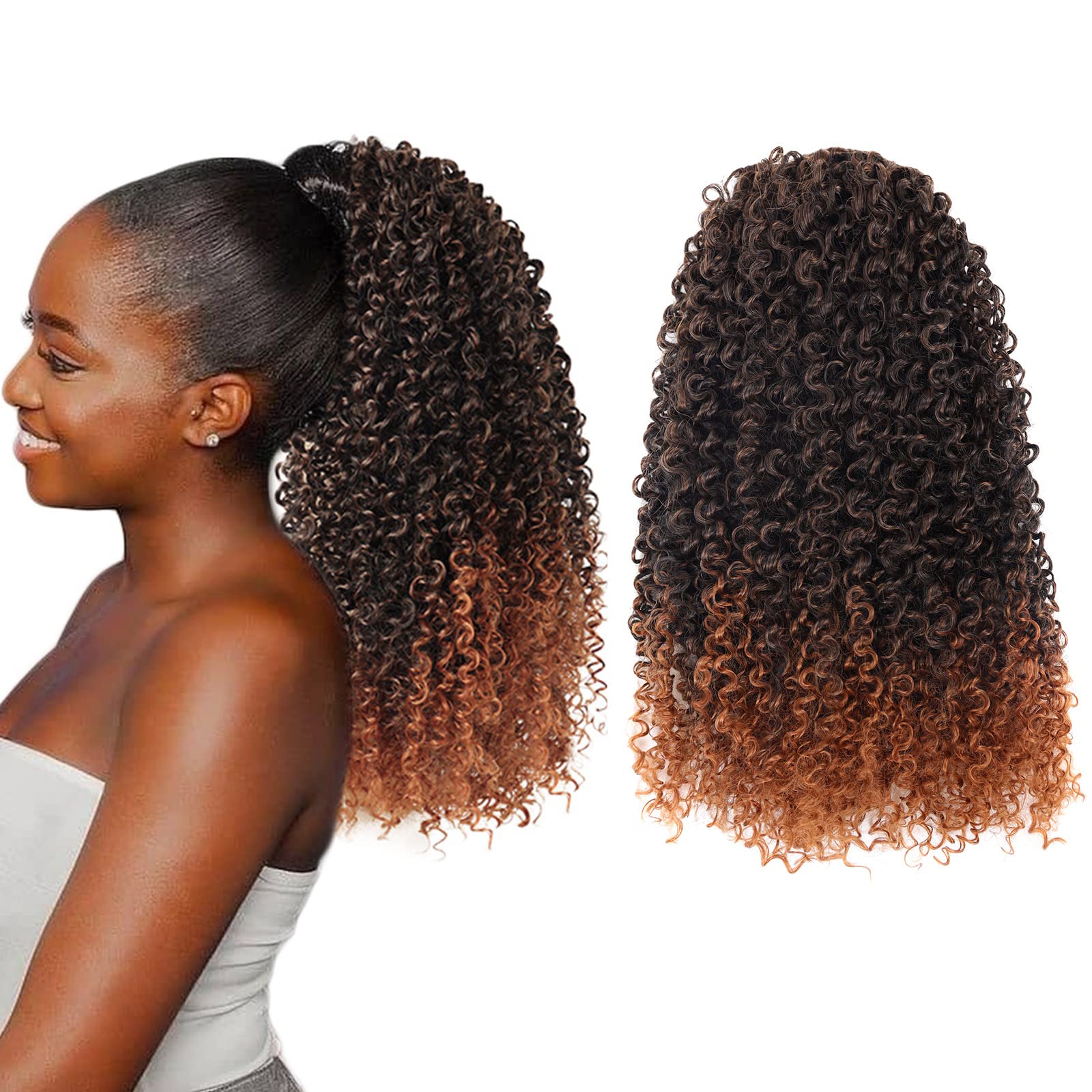 1B/30 Afro Puff Drawstring Ponytail Human Hair - Feeling 16 Inch Ombre Brown Ponytail Extension Kinky Curly Short Ponytail Extension for Black Women Clip In Ponytail Hair Extensions Natural(5.64 OZ)