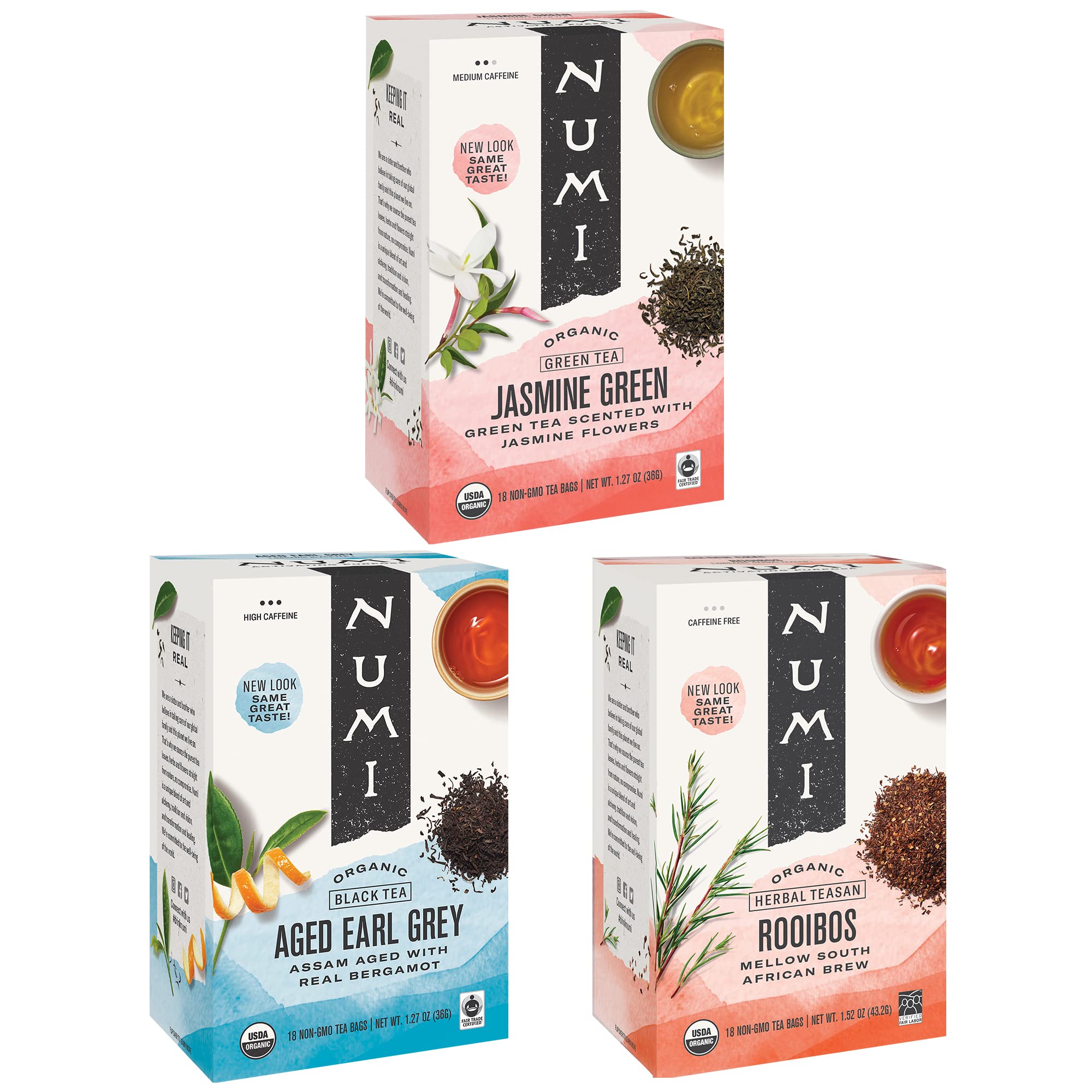 Numi Organic Tea Variety Pack, 18 Count Box of Tea Bags (Pack of 3), Jasmine Green, Aged Earl Grey & Rooibos Teas (Packaging May Vary)