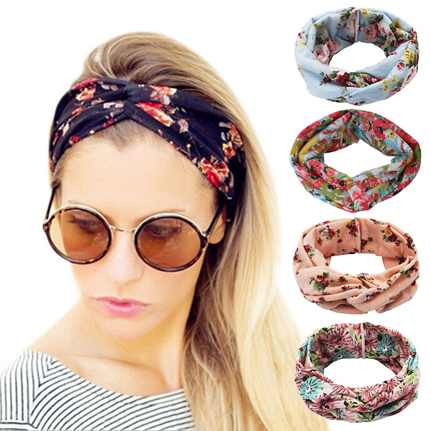 xsbyVintage Elastic Printed Headwraps, 5 Pack Women Headband Boho Floal Style Criss Cross Head Wrap Hair Band F