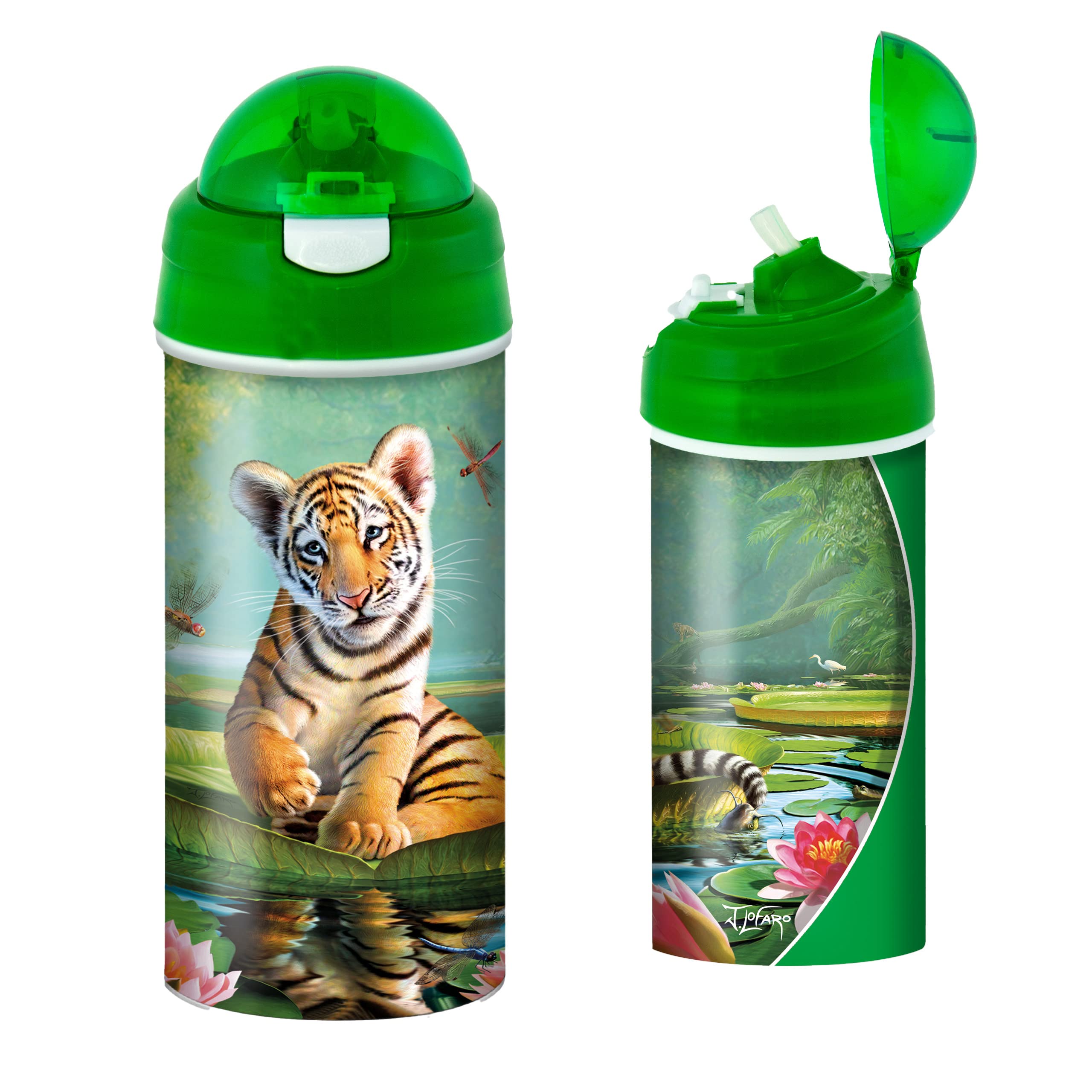 3D LiveLife Drinking Bottle - Tiger Lily from Deluxebase. 3D Lenticular Big Cat Water Bottle with Straw. 600ml kids drinks bottle with original artwork from renowned artist, Jerry LoFaro