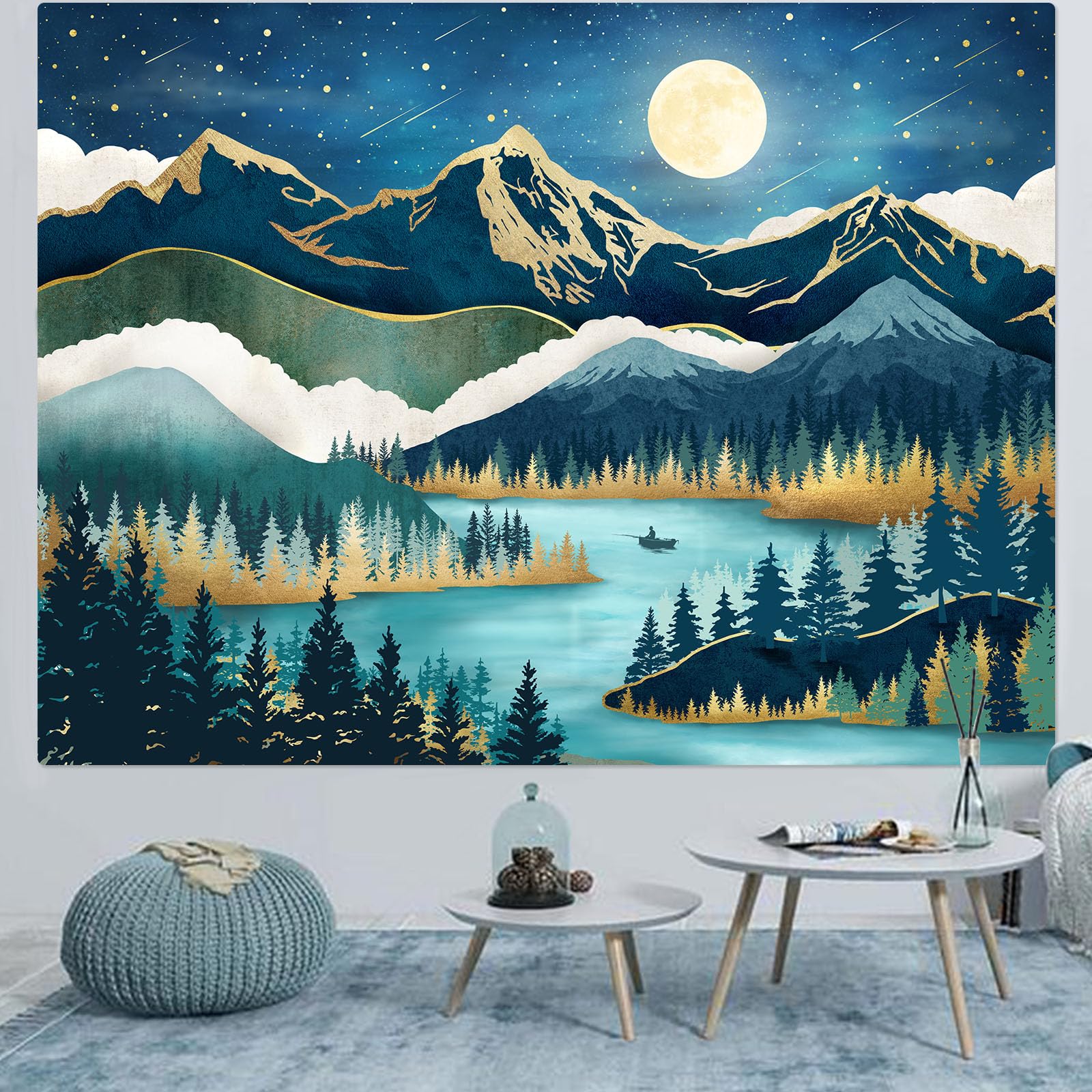 Accnicc Mountain Moon Tapestry (Teal, 48'' × 36'')