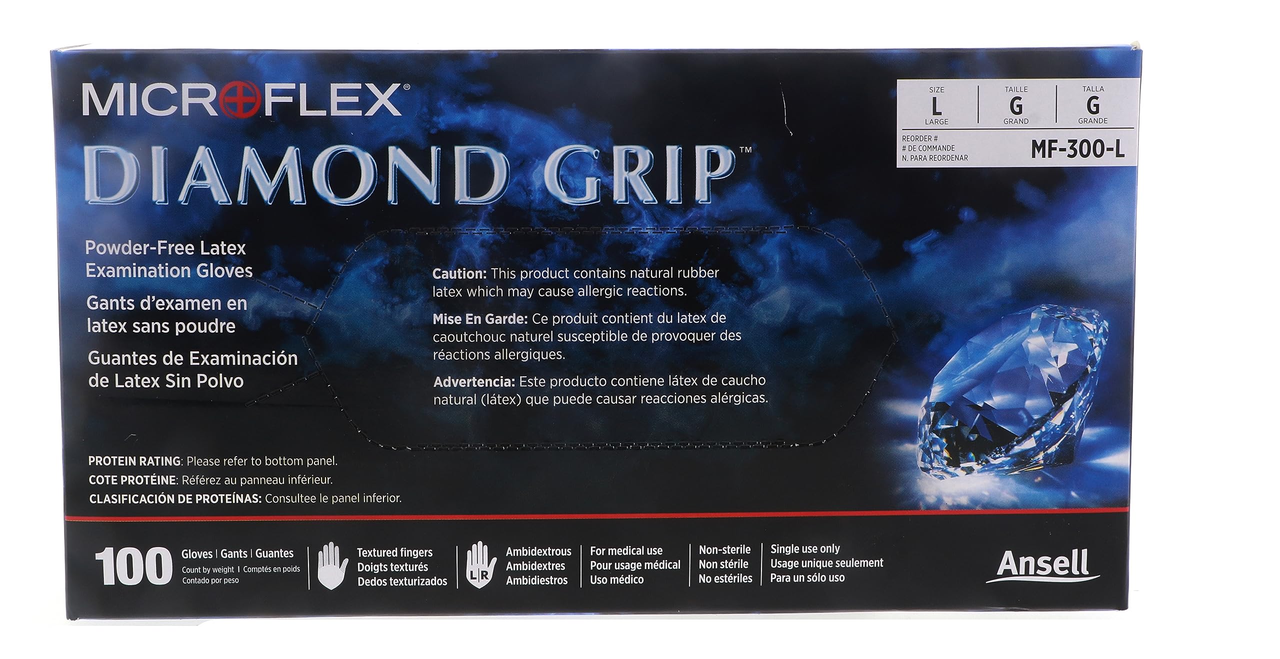 Microflex Medical MF-300-L Large Natural 9.645'' Diamond Grip 6.3 mil Latex Ambidextrous Non-Sterile Medical Grade Powder-Free Disposable Gloves, English, 15.34 fl. oz., Plastic, 1" x 9.8" x 5.5"